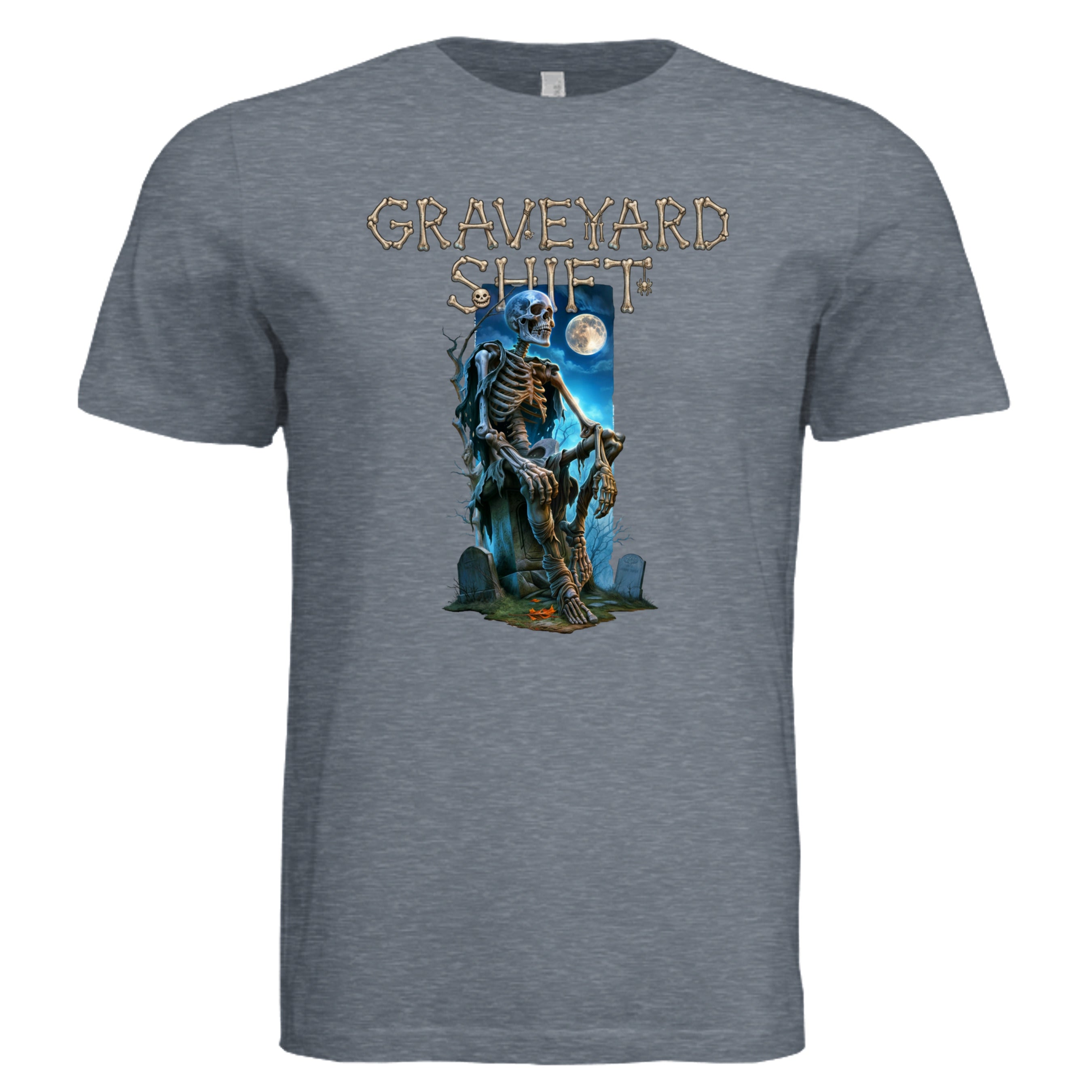 Vintage Denim -  Graveyard Shift Halloween graphic tee — spooky season DTF print by Stu Borncat Creations