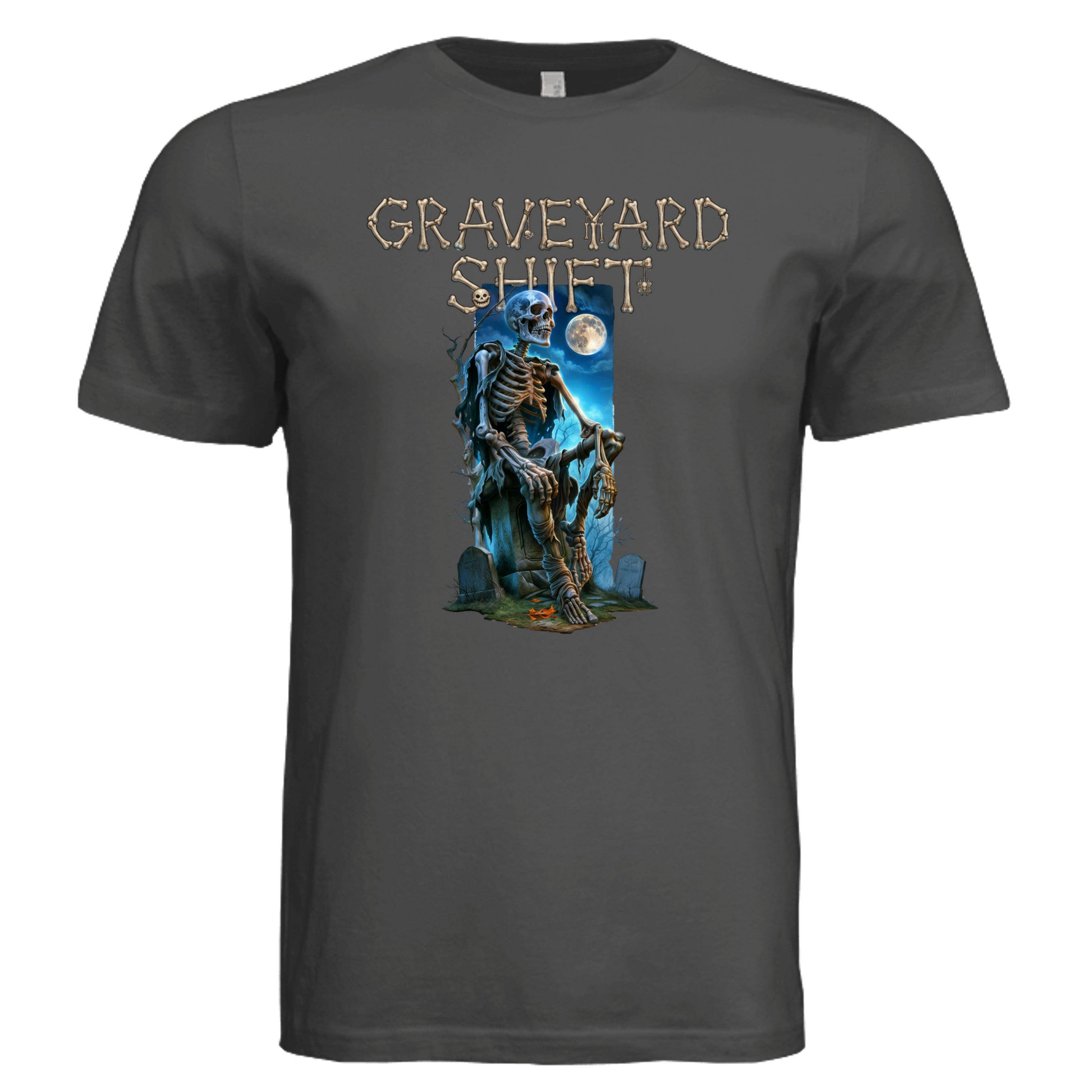 DARK GREY -  Graveyard Shift Halloween graphic tee — spooky season DTF print by Stu Borncat Creations