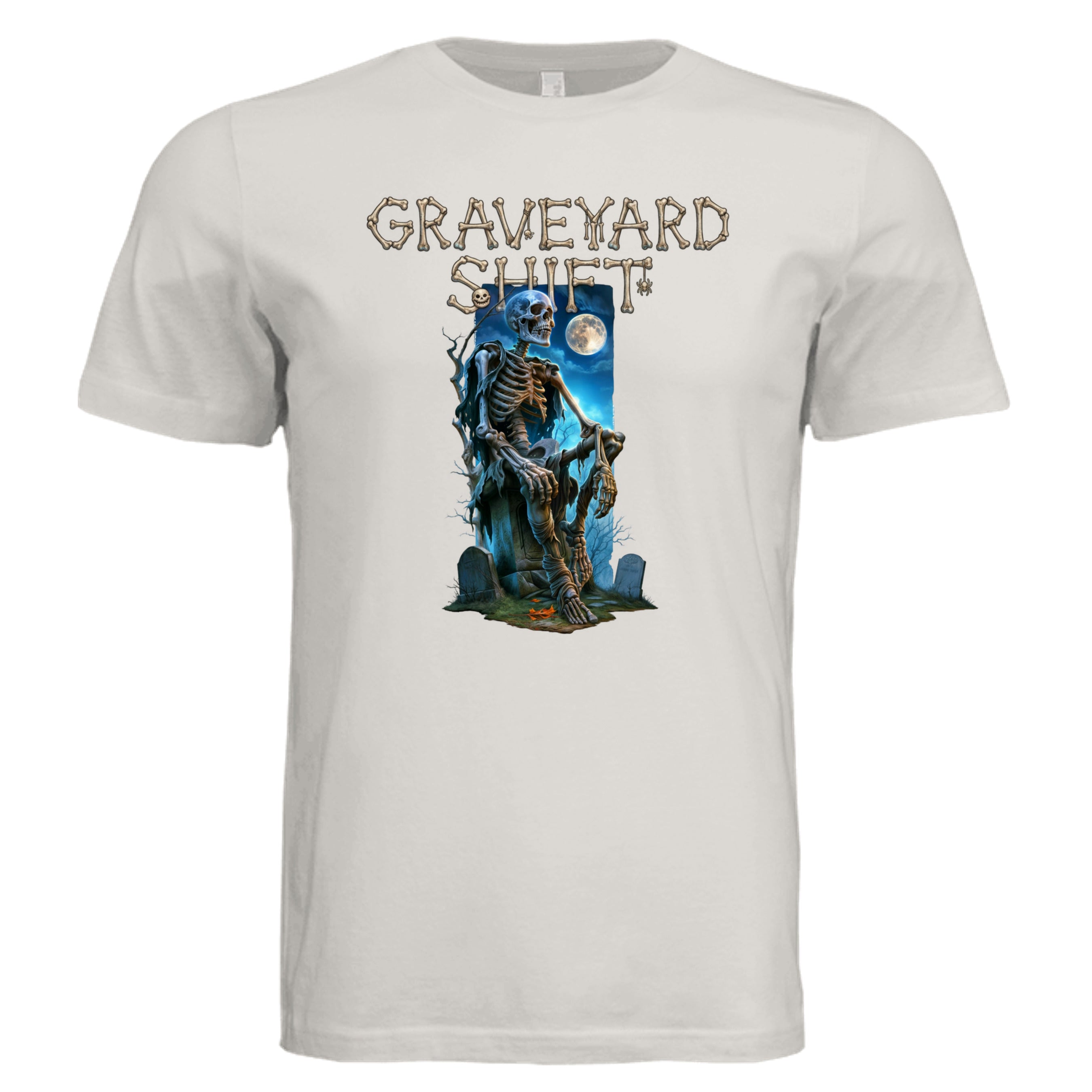 Vintage White - Graveyard Shift Halloween graphic tee — spooky season DTF print by Stu Borncat Creations
