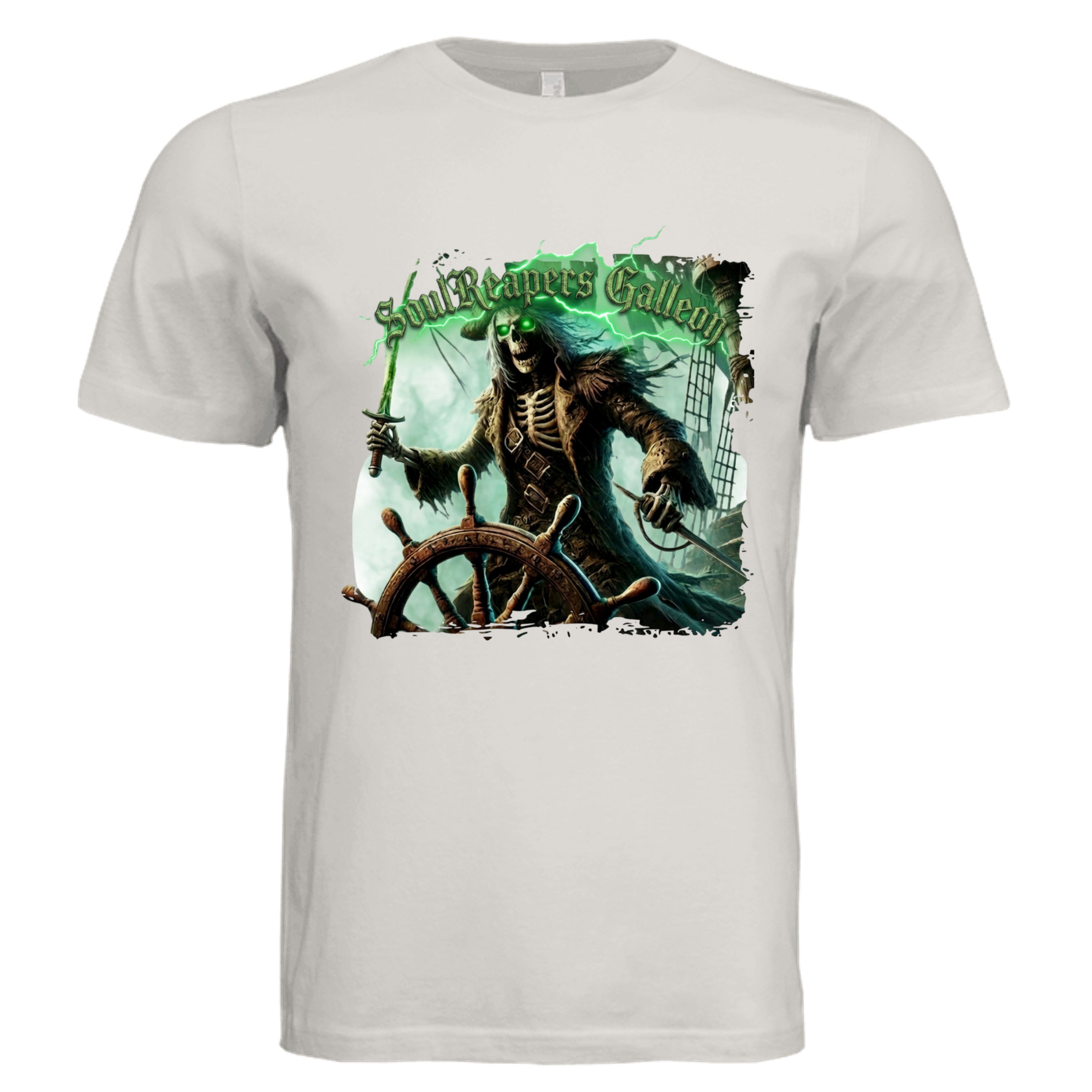 Vintage White - Soul Reaper Galleon dark nautical Halloween graphic tee — spooky season DTF print by Stu Borncat Creations
