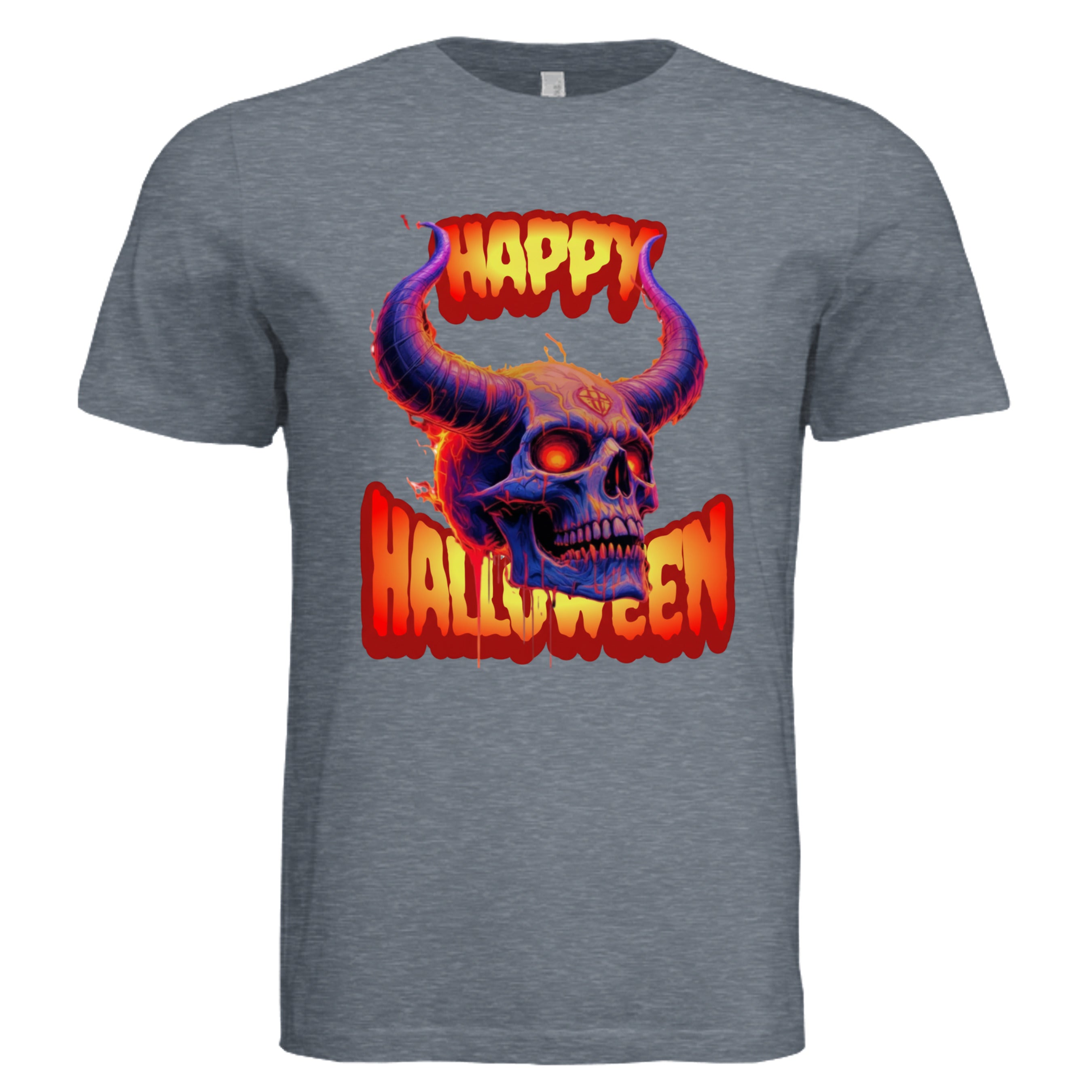 Vintage Denim -Bold Halloween skull graphic tee — classic spooky season DTF print by Stu Borncat Creations