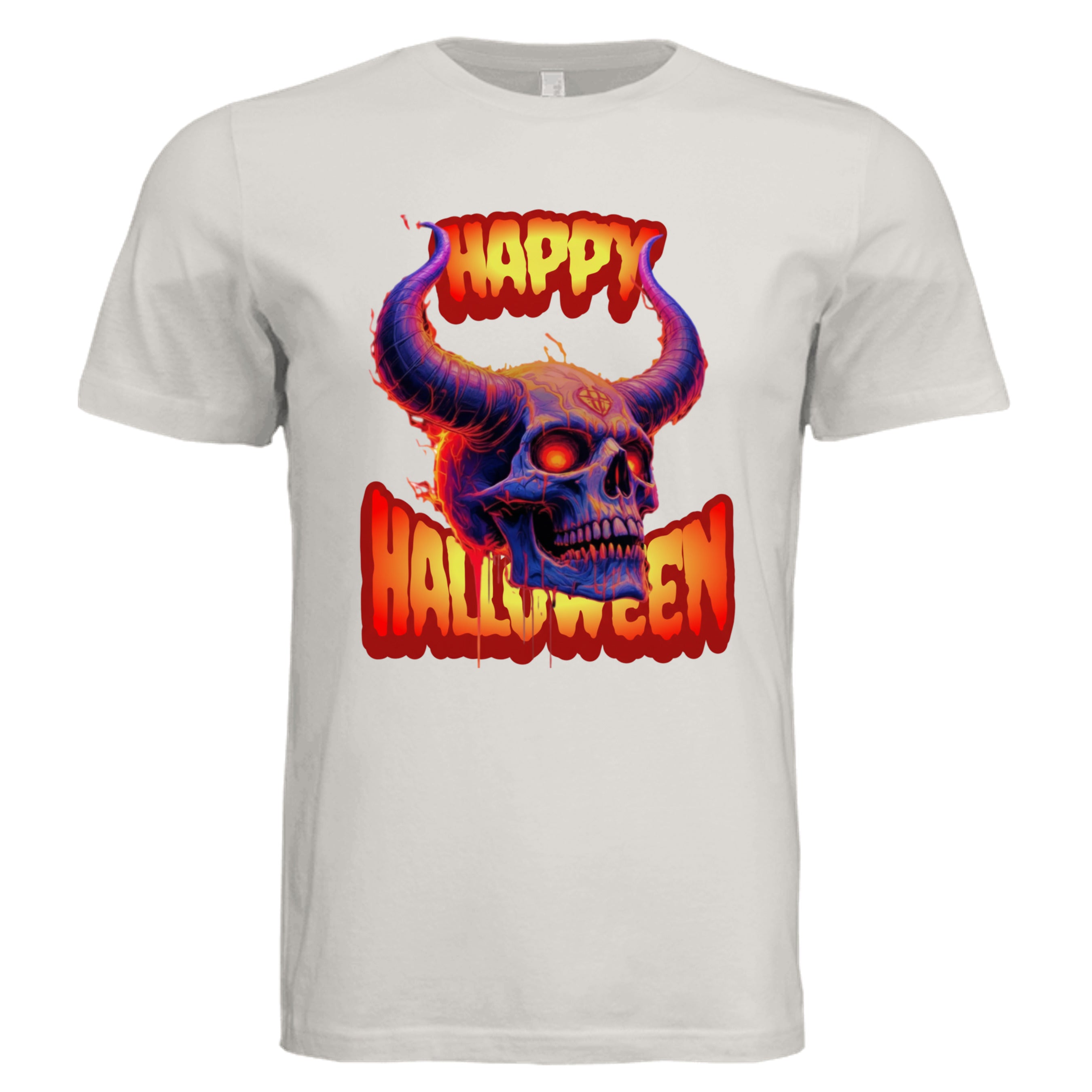 Vintage White -Bold Halloween skull graphic tee — classic spooky season DTF print by Stu Borncat Creations
