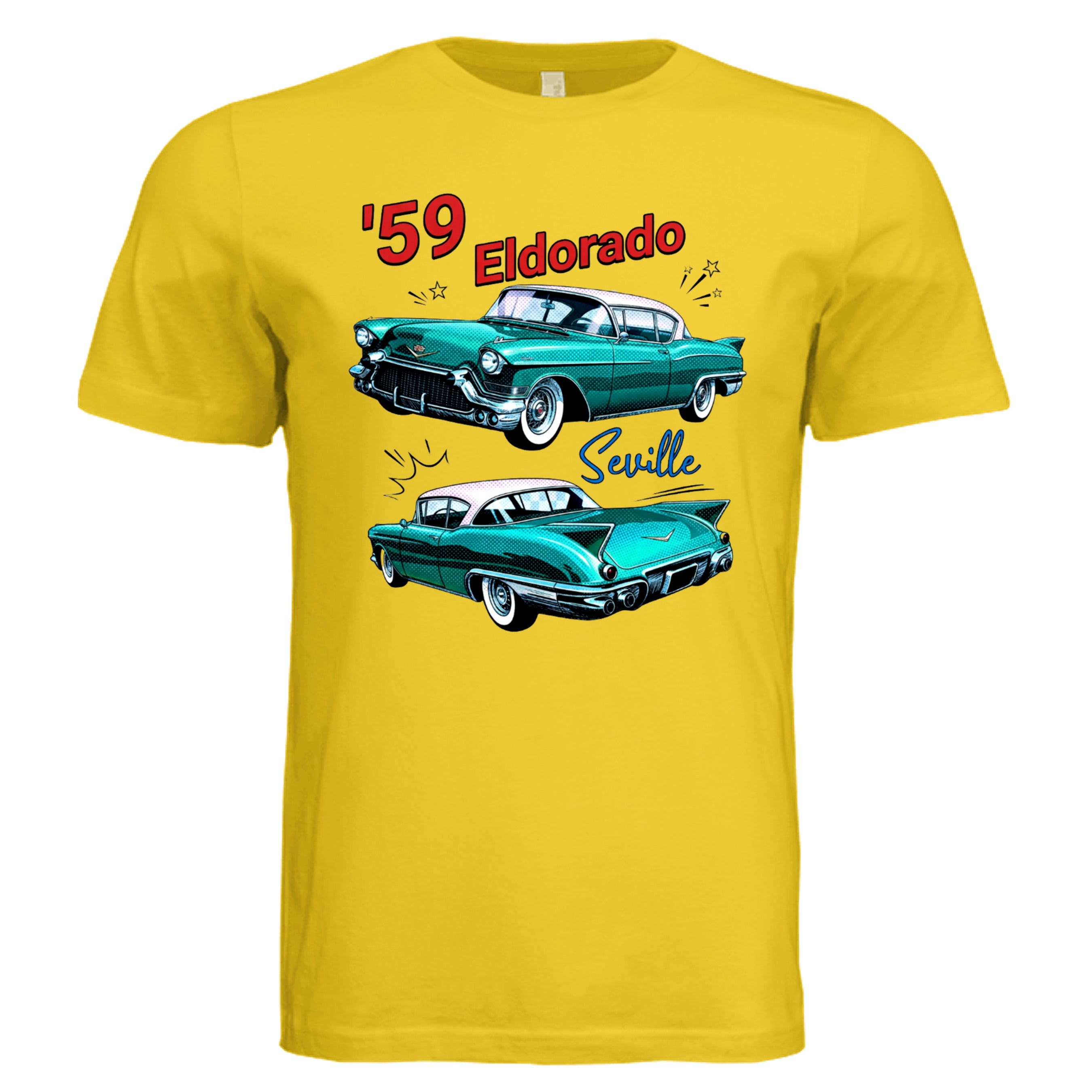MAIZE YELLOW - 59 Eldorado Seville comic car lover graphic tee — Carz collection by Stu Borncat Creations