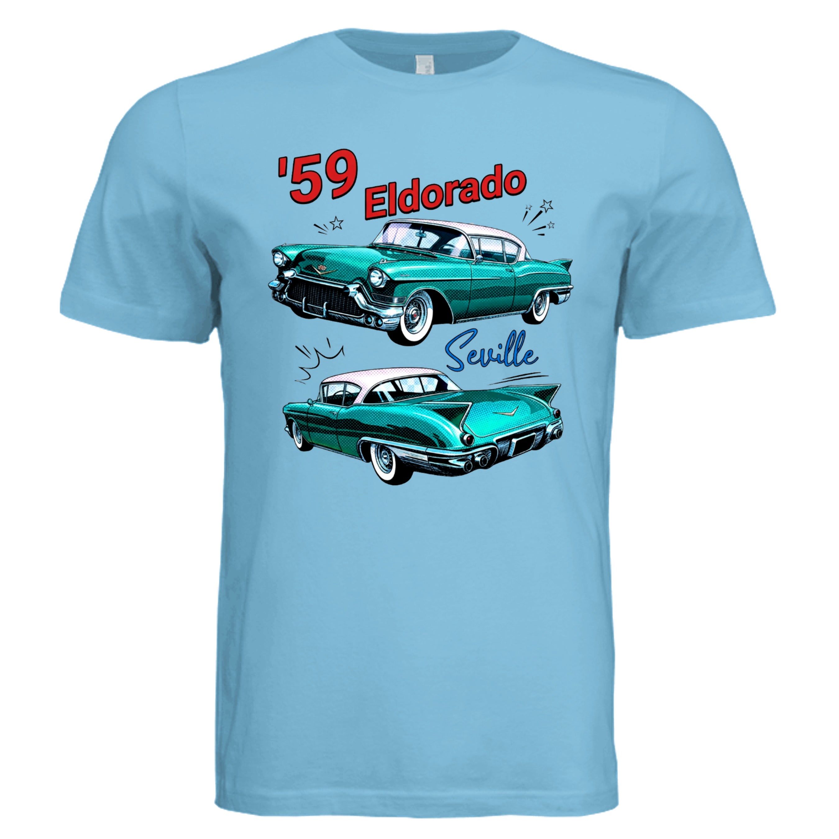 TURQUOISE - 59 Eldorado Seville comic car lover graphic tee — Carz collection by Stu Borncat Creations