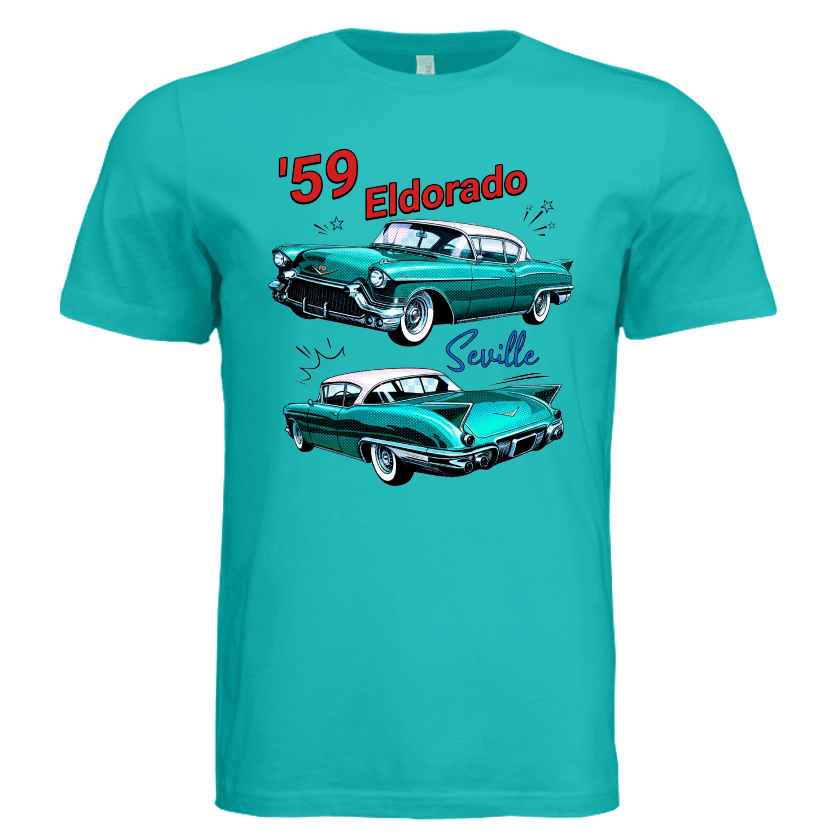 TEAL - 59 Eldorado Seville comic car lover graphic tee — Carz collection by Stu Borncat Creations