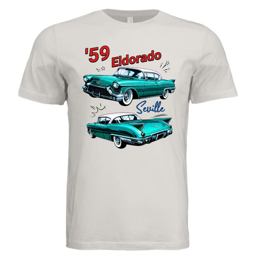 Vintage White - 59 Eldorado Seville comic car lover graphic tee — Carz collection by Stu Borncat Creations