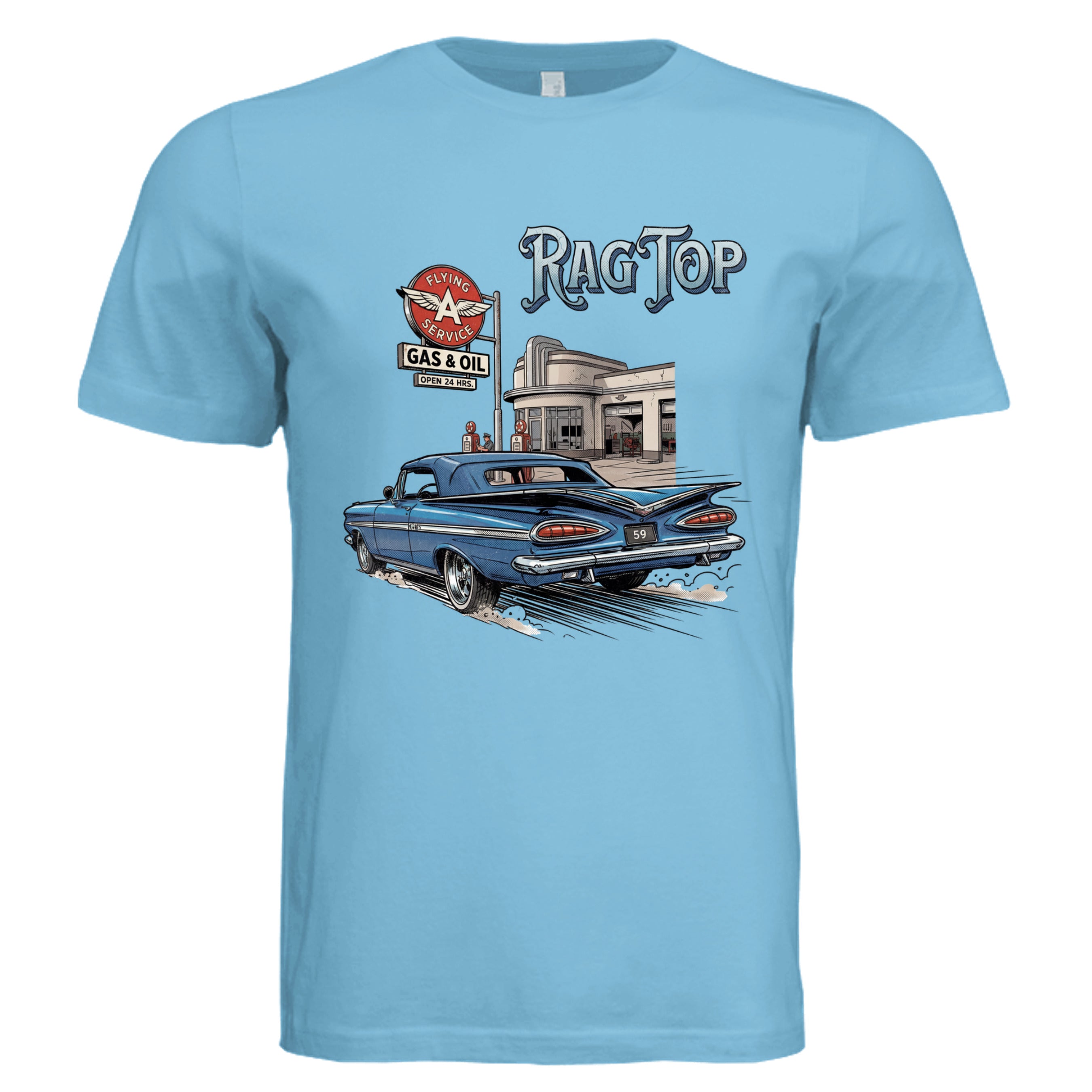 TURQUOISE -59 Impala comic car lover graphic tee — Carz collection by Stu Borncat Creations