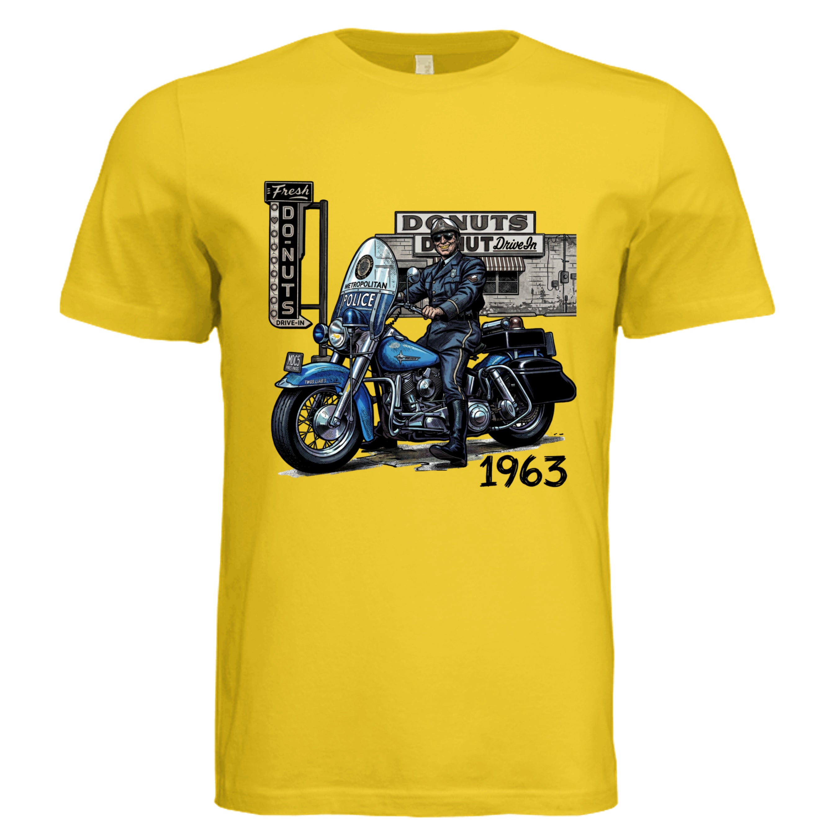 MAIZE YELLOW - 63 Mass State Police comic biker graphic tee — Carz collection by Stu Borncat Creations