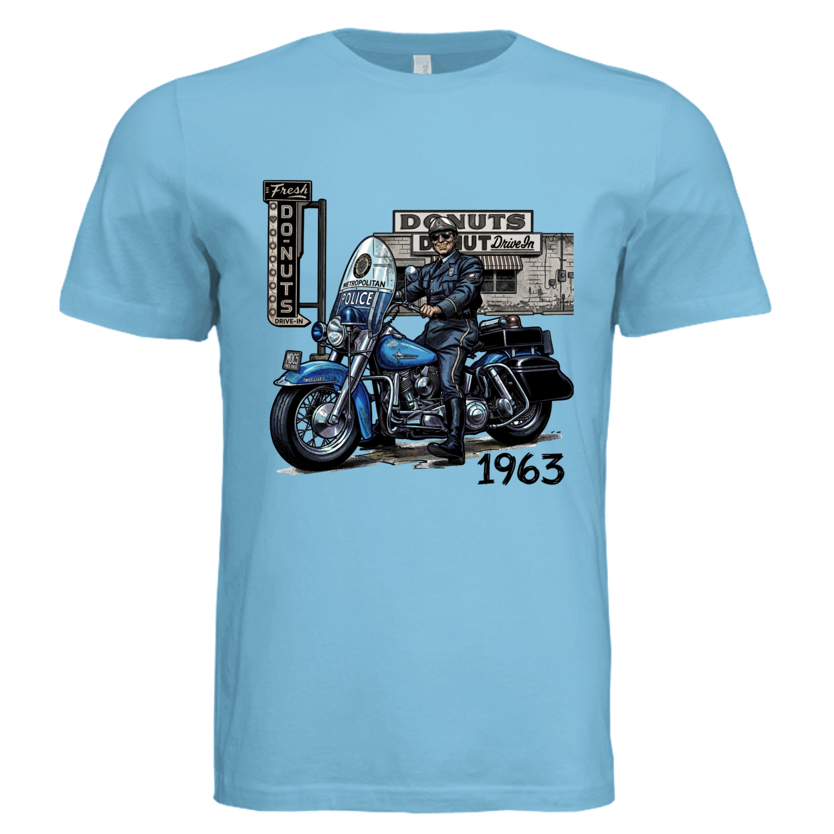 TURQUOISE - 63 Mass State Police comic biker graphic tee — Carz collection by Stu Borncat Creations