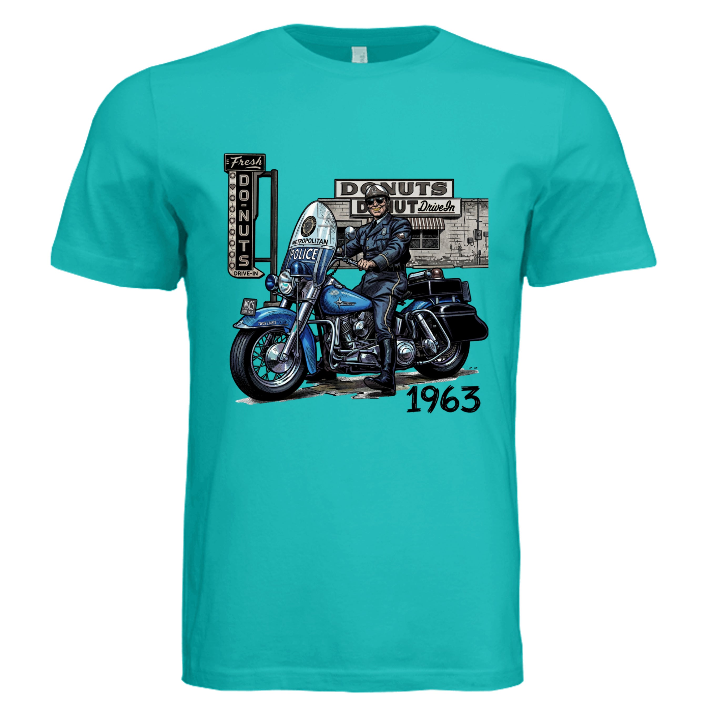 TEAL - 63 Mass State Police comic biker graphic tee — Carz collection by Stu Borncat Creations