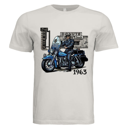 Vintage White - 63 Mass State Police comic biker graphic tee — Carz collection by Stu Borncat Creations