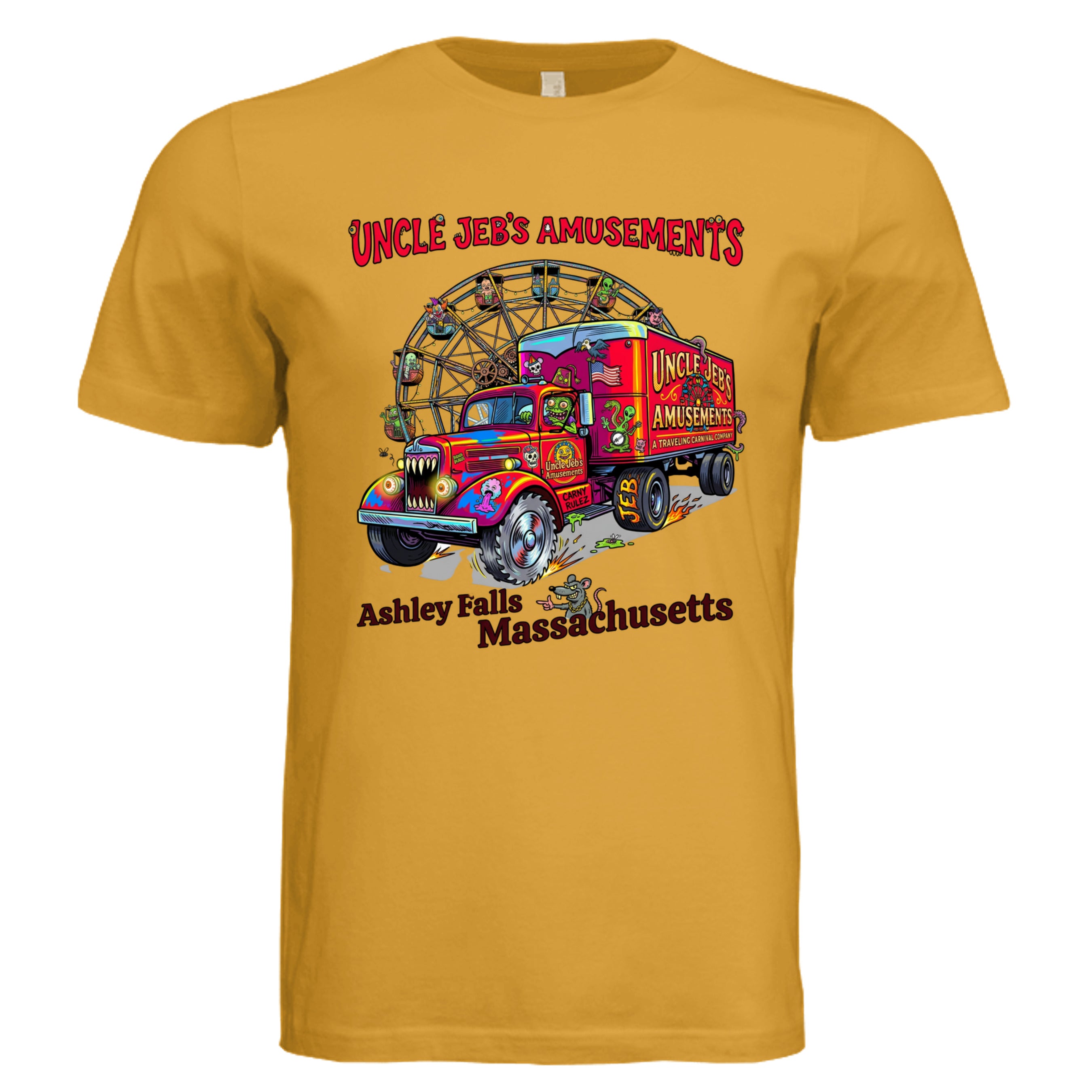 Mustard -Mass Uncle Jeb's low brow trucker graphic tee — Carz collection by Stu Borncat Creations