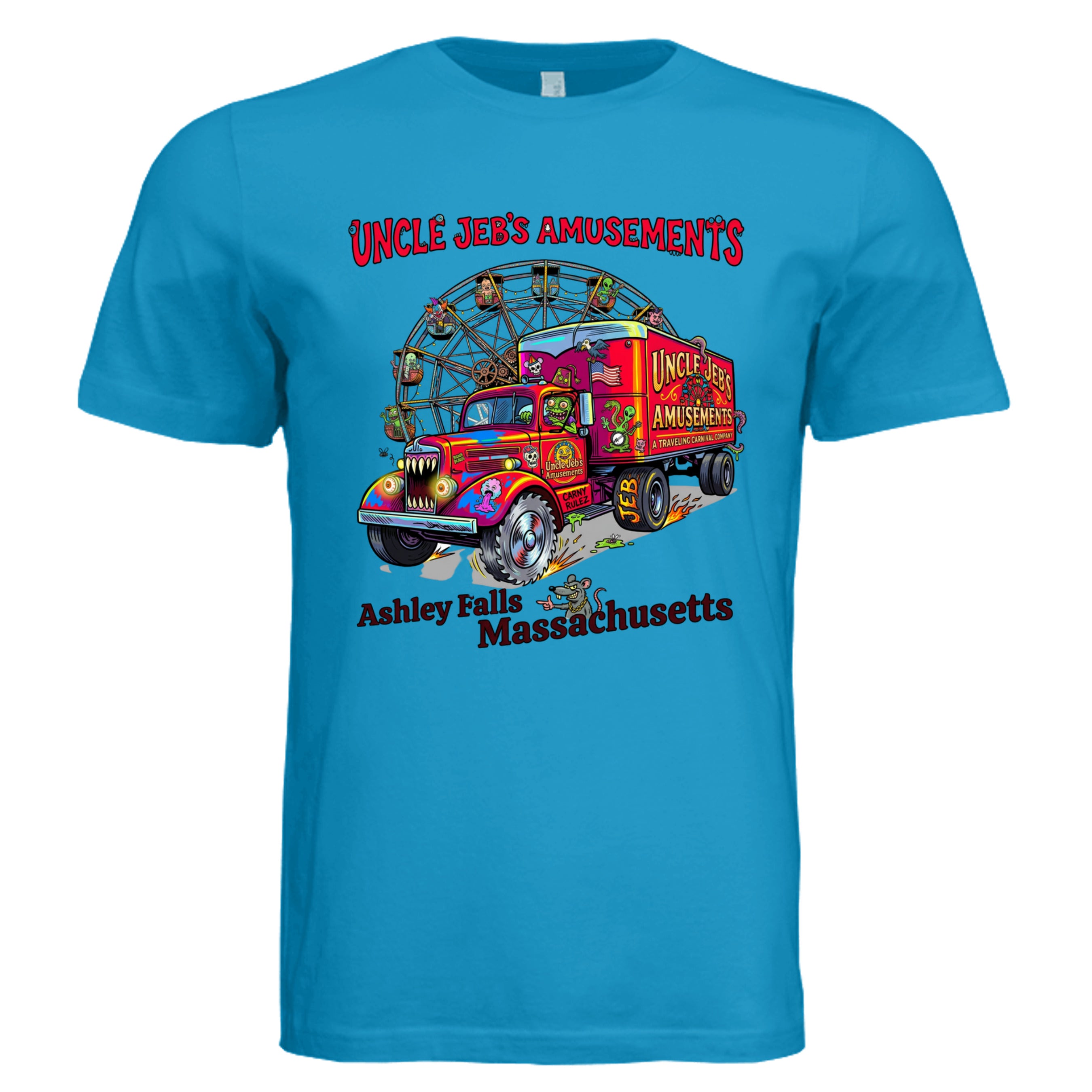 Electric Blue -Mass Uncle Jeb's low brow trucker graphic tee — Carz collection by Stu Borncat Creations