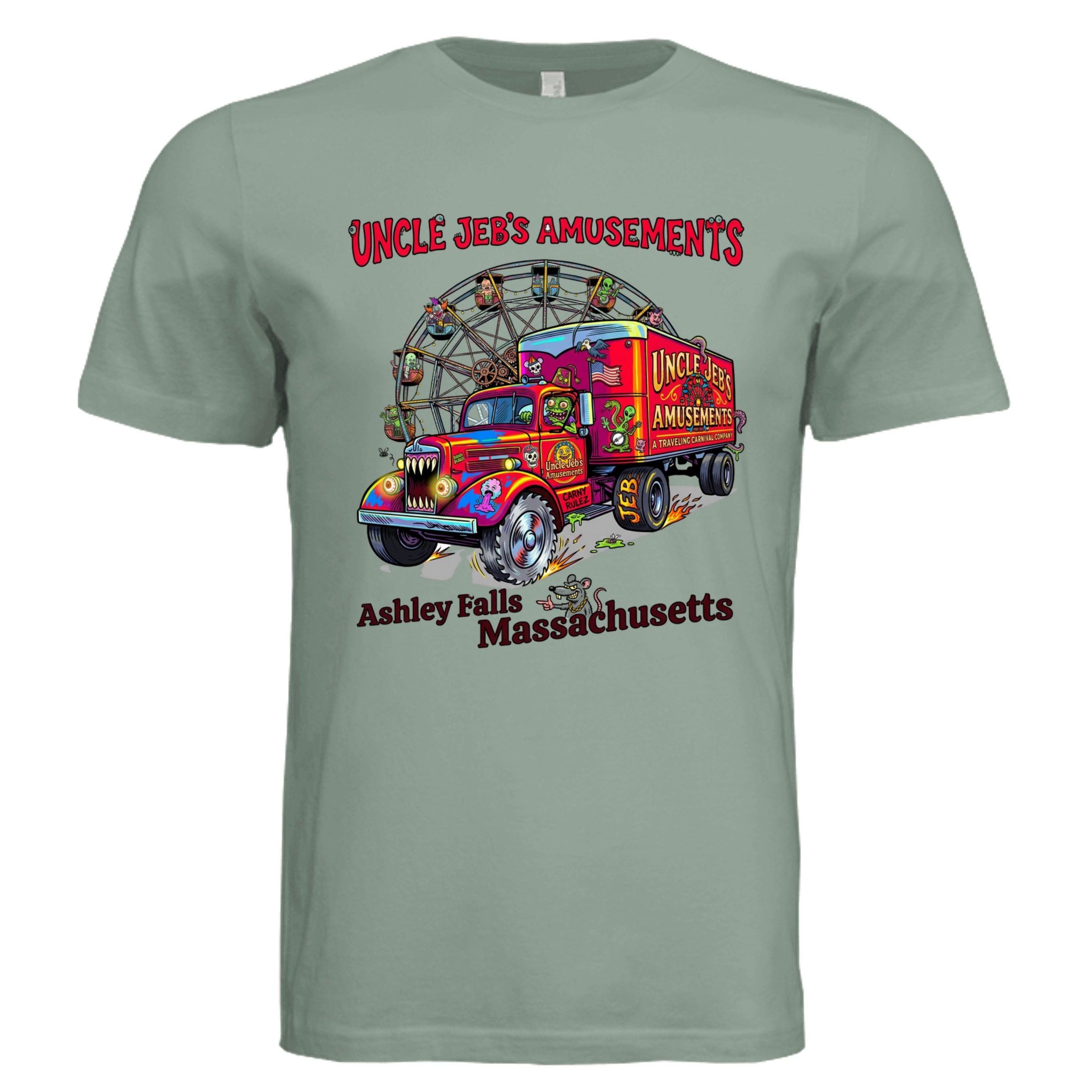 Sage - Mass Uncle Jeb's low brow trucker graphic tee — Carz collection by Stu Borncat Creations