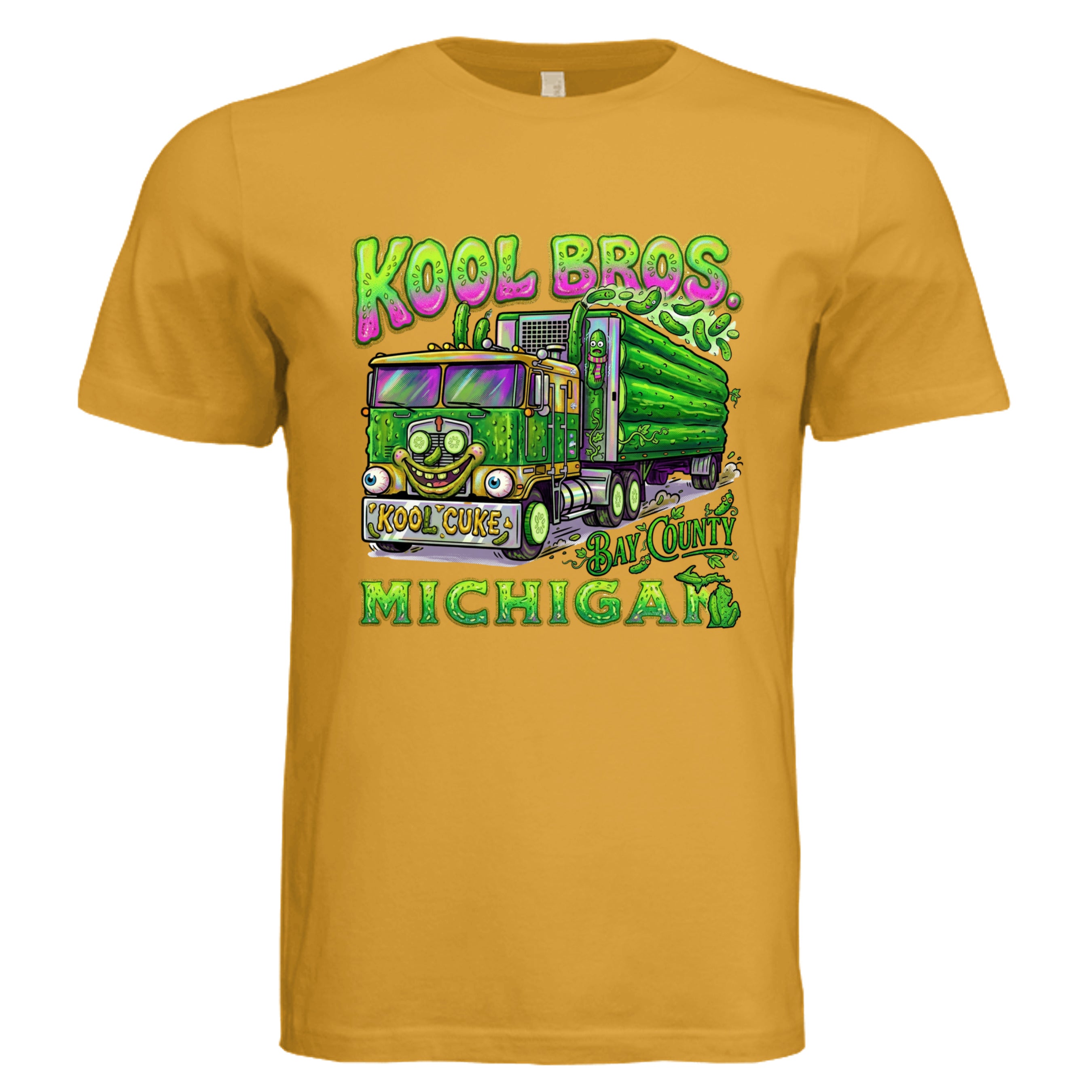 Mustard - Michigan Kool Bros low brow trucker graphic tee — Carz collection by Stu Borncat Creations