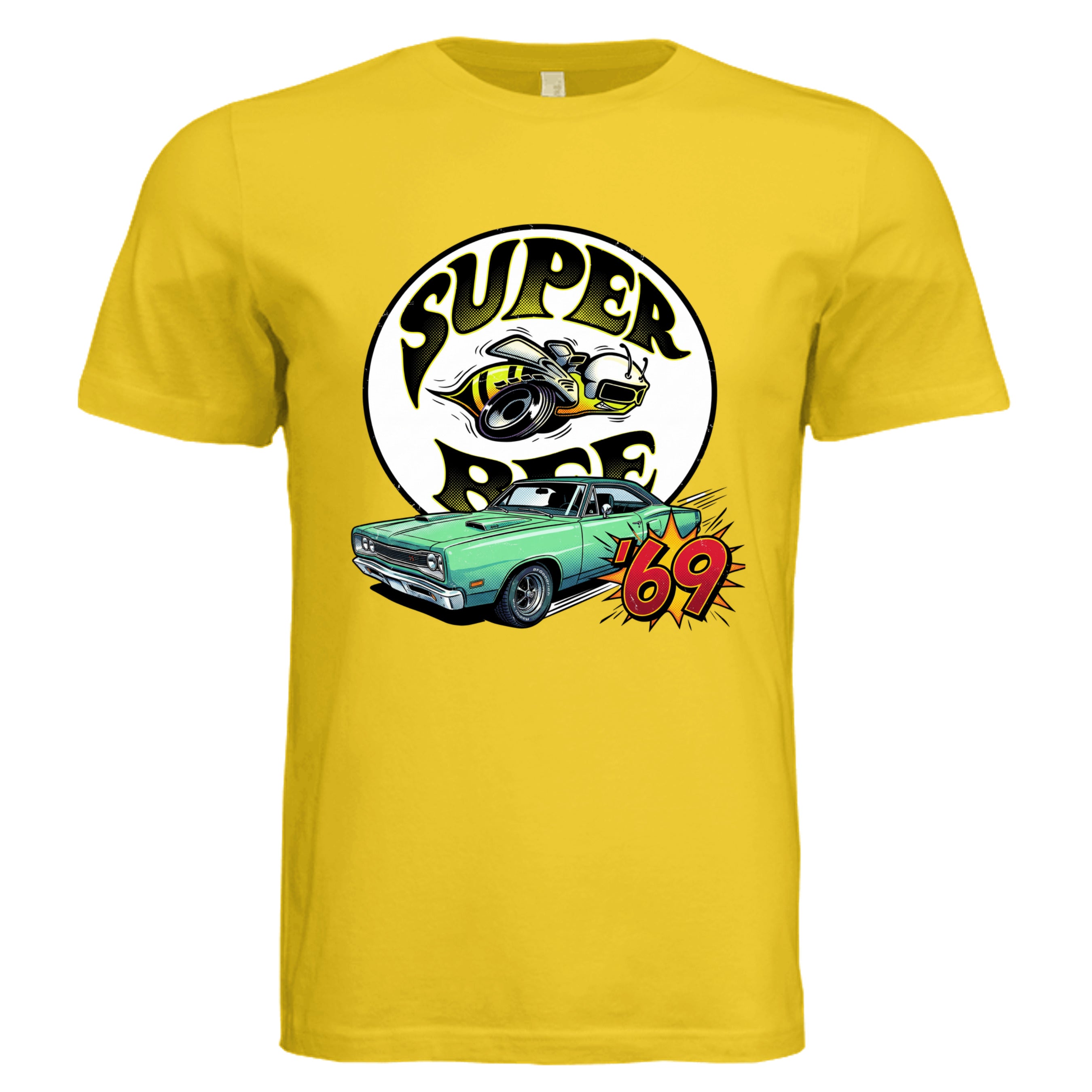 MAIZE YELLOW - 69 Dodge Super Bee comic car lover graphic tee — Carz collection by Stu Borncat Creations