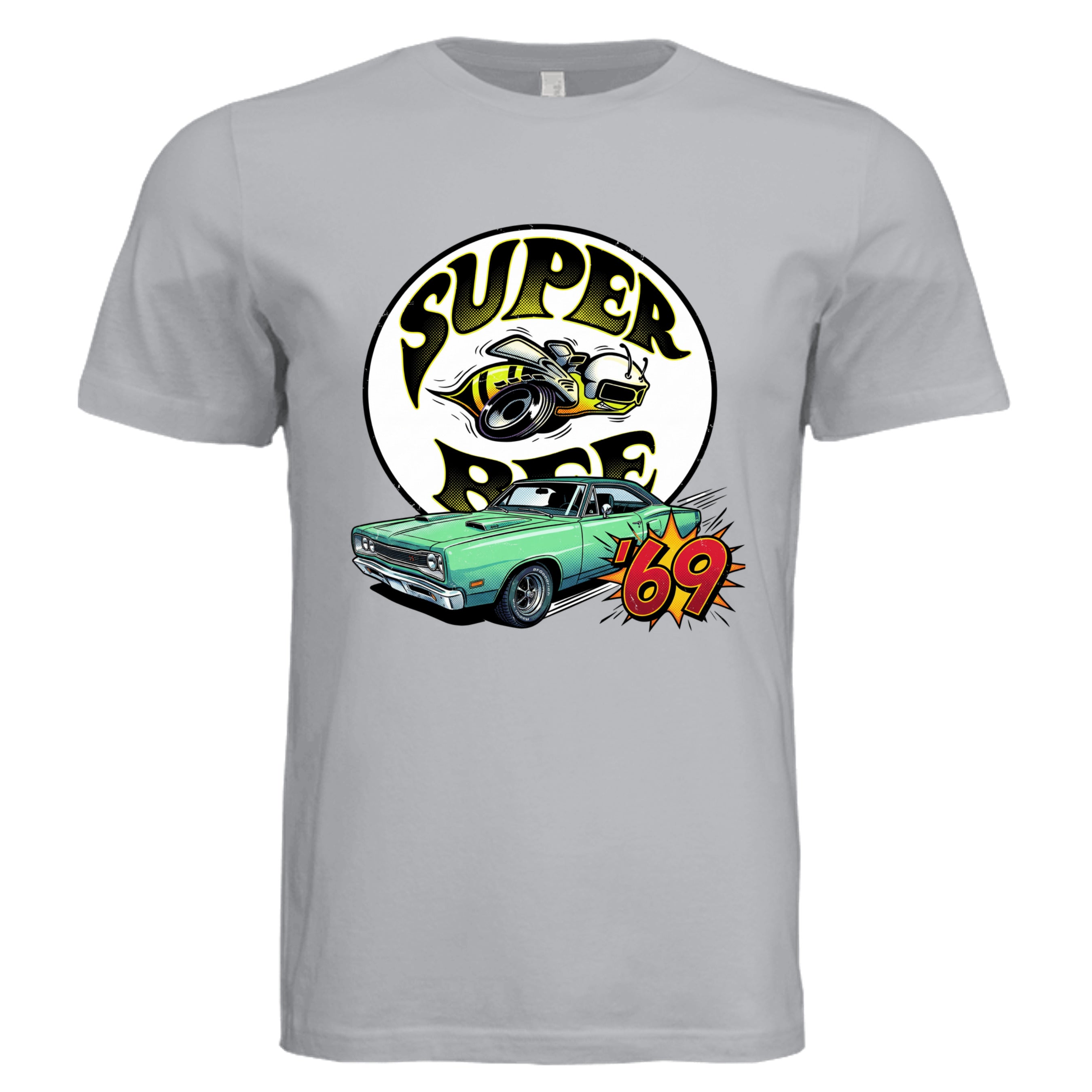 Solid Athletic Grey -69 Dodge Super Bee comic car lover graphic tee — Carz collection by Stu Borncat Creations