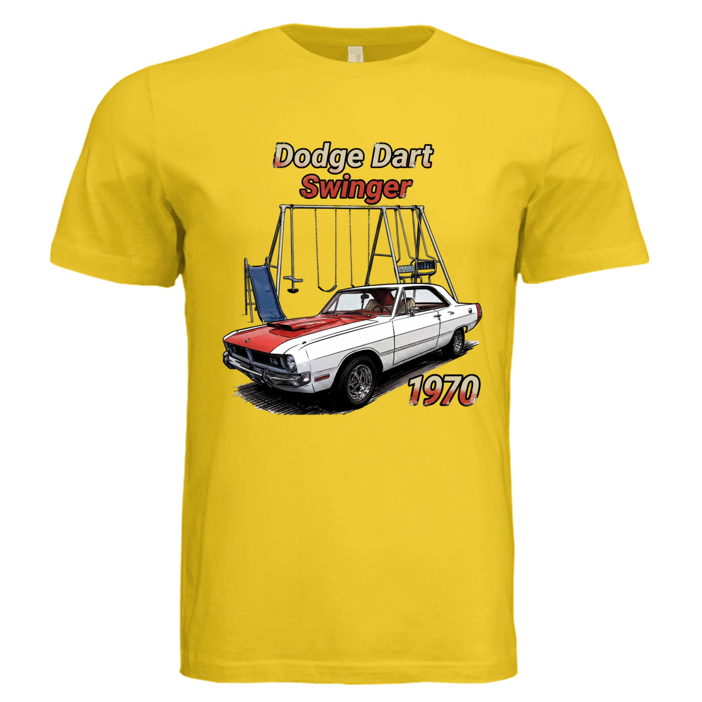 MAIZE YELLOW - 70 Dodge Dart comic car lover graphic tee — Carz collection by Stu Borncat Creations