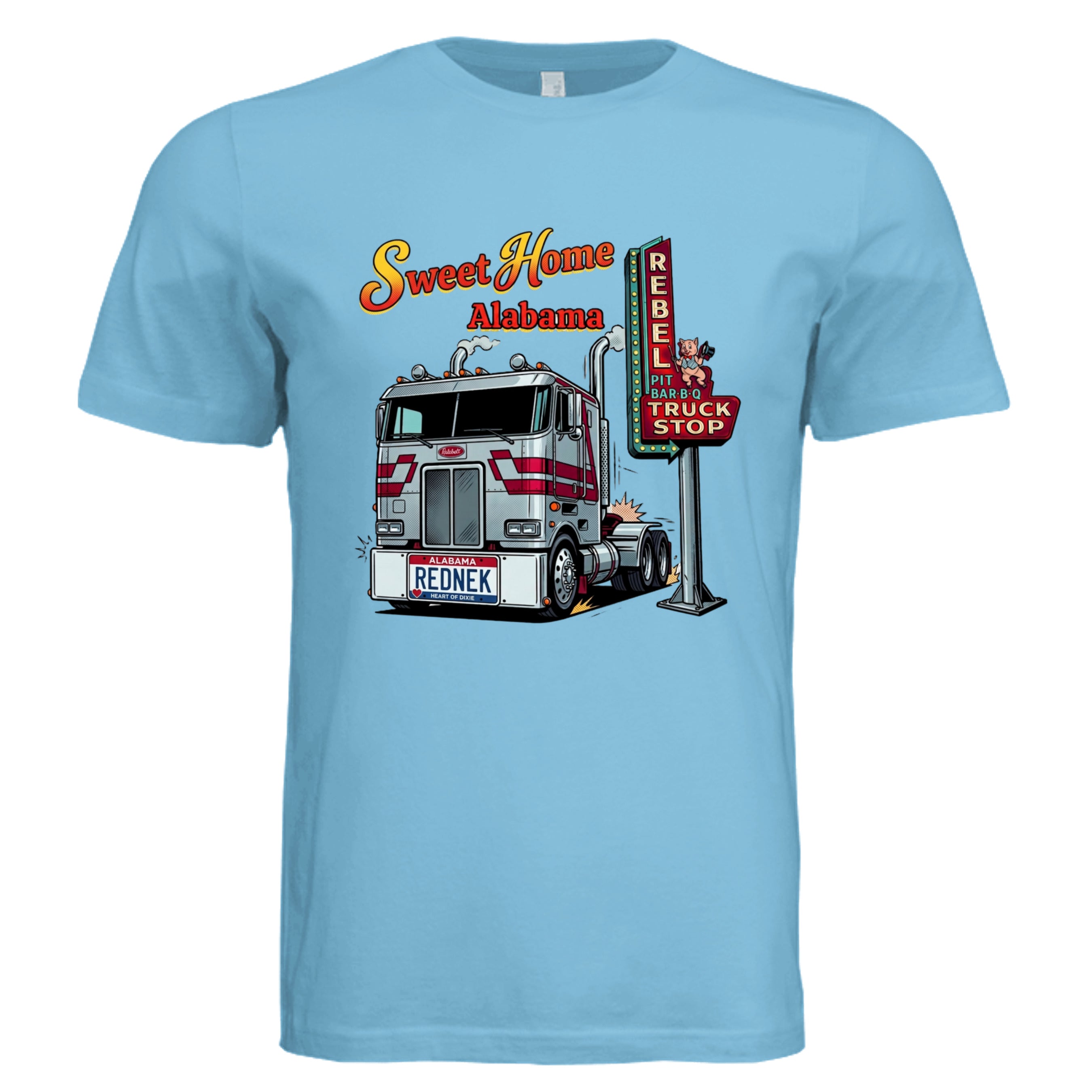 TURQUOISE - Alabama Rednek comic trucker graphic tee — Carz collection by Stu Borncat Creations