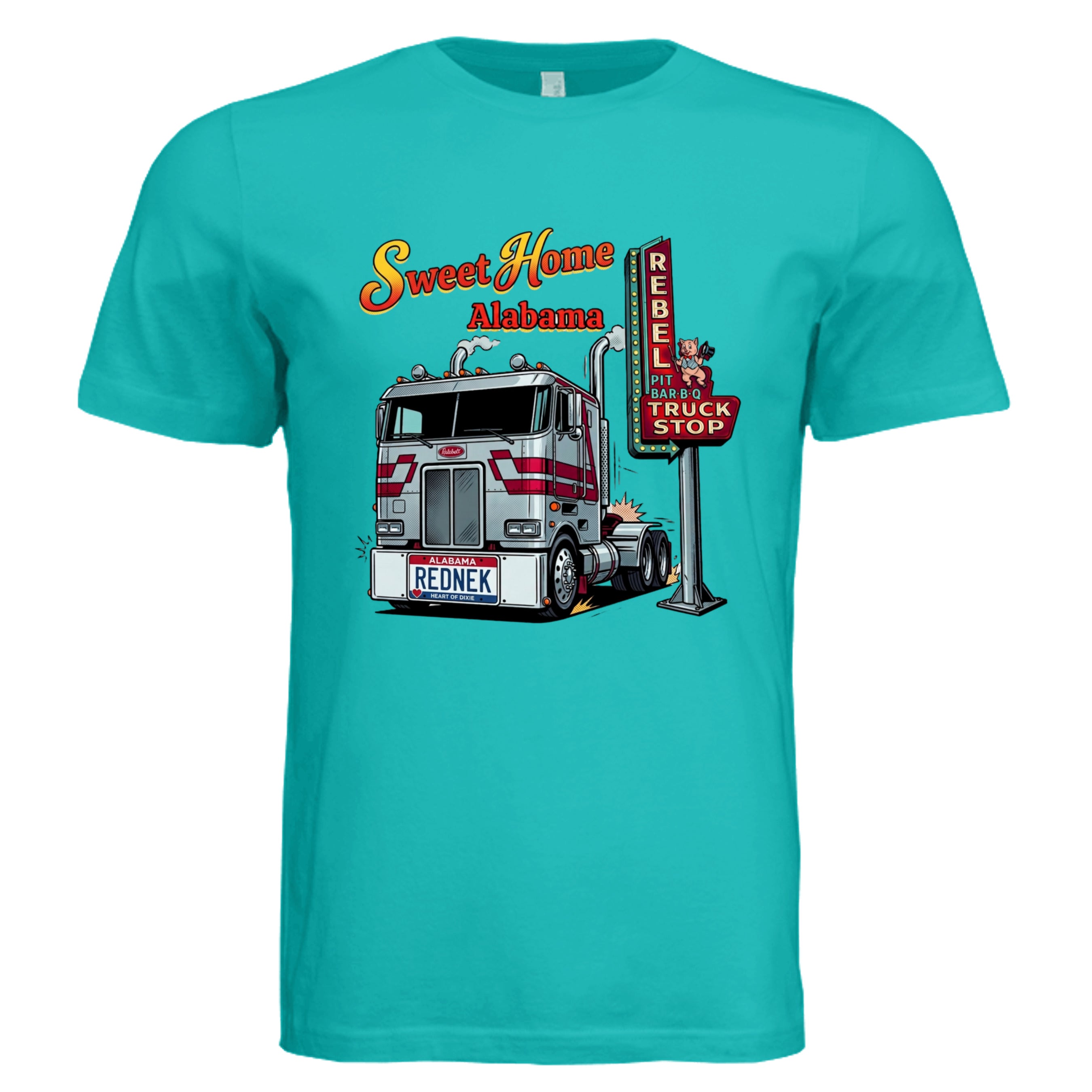 TEAL -Alabama Rednek comic trucker graphic tee — Carz collection by Stu Borncat Creations