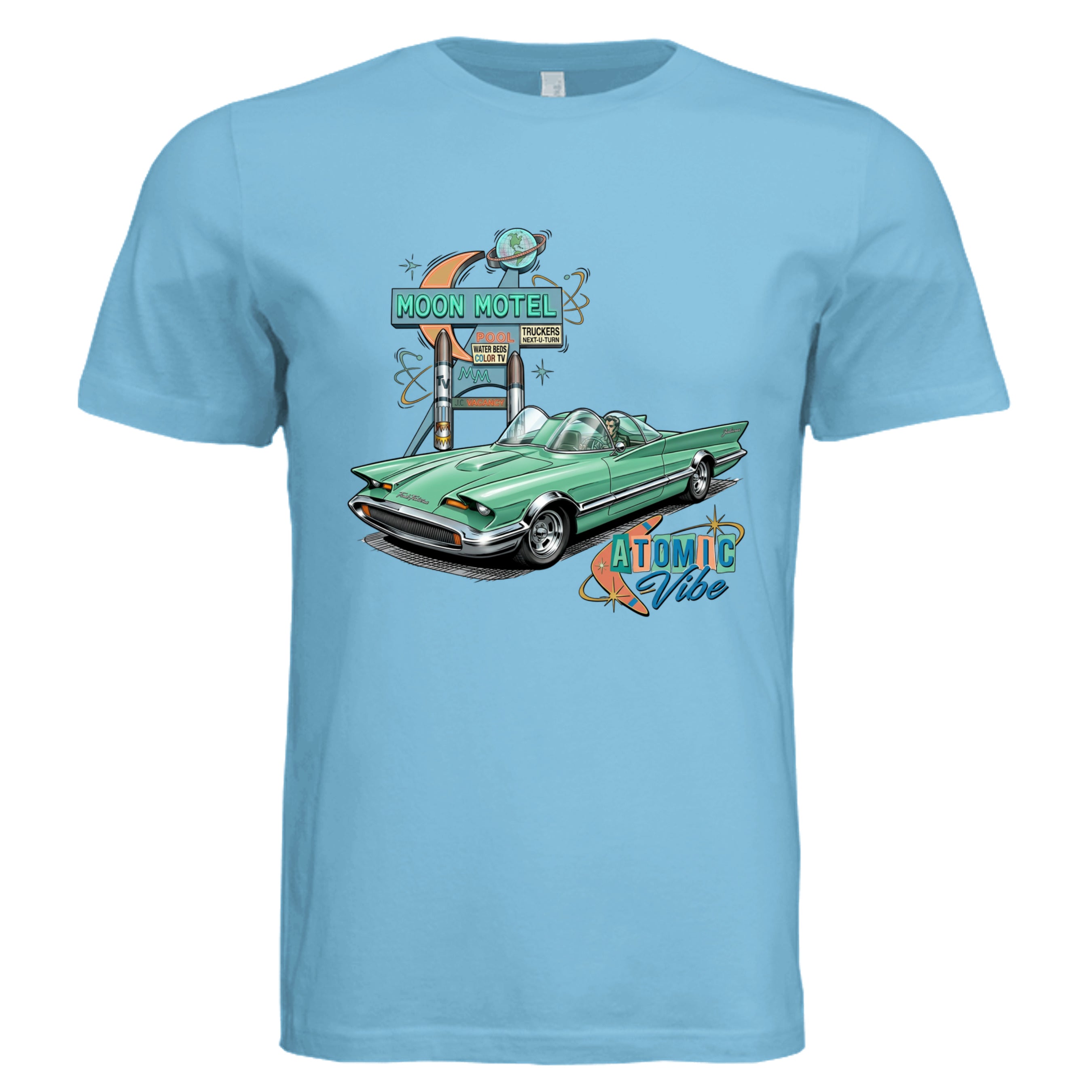 TURQUOISE - Atomic Vibe comic car lover graphic tee — Carz collection by Stu Borncat Creations