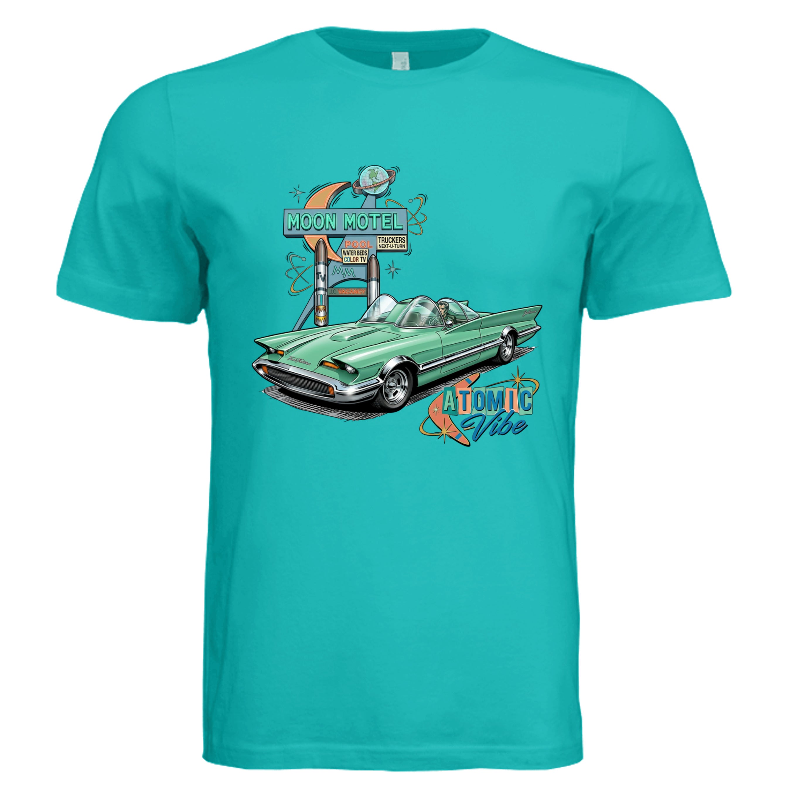 TEAL -Atomic Vibe comic car lover graphic tee — Carz collection by Stu Borncat Creations