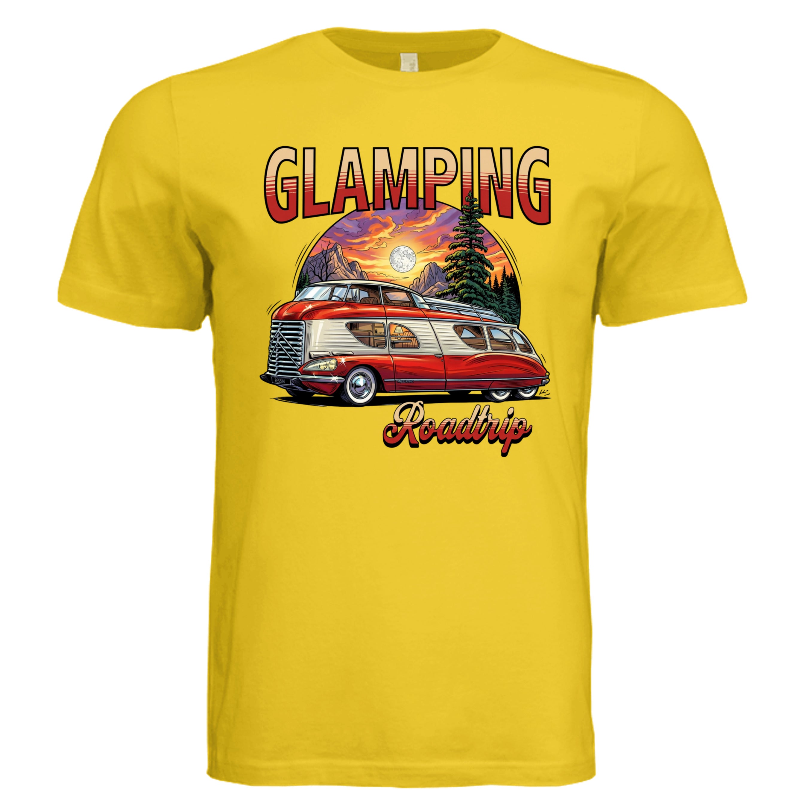 MAIZE YELLOW - Glamping comic camping lover graphic tee — Carz collection by Stu Borncat Creations