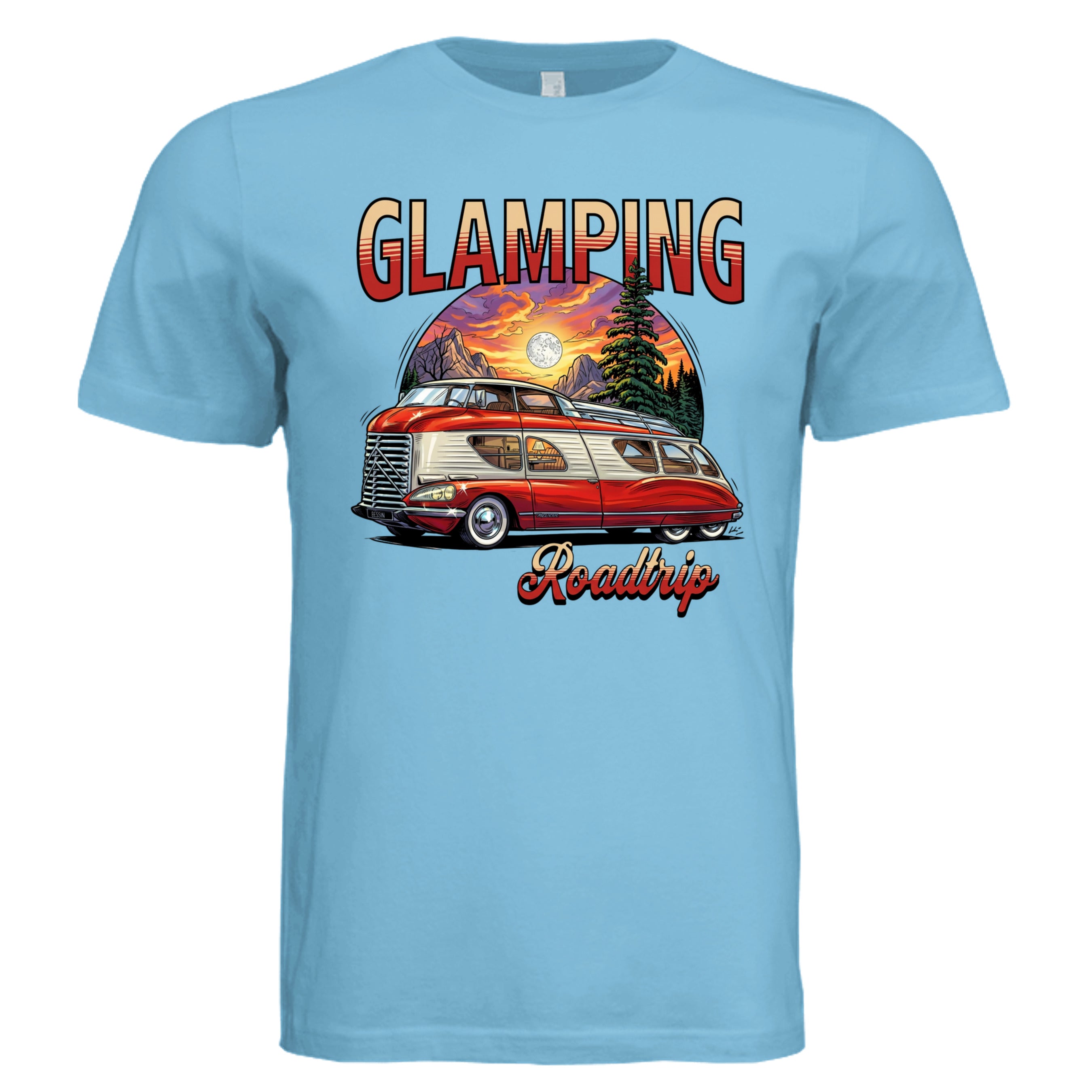 TURQUOISE - Glamping comic camping lover graphic tee — Carz collection by Stu Borncat Creations