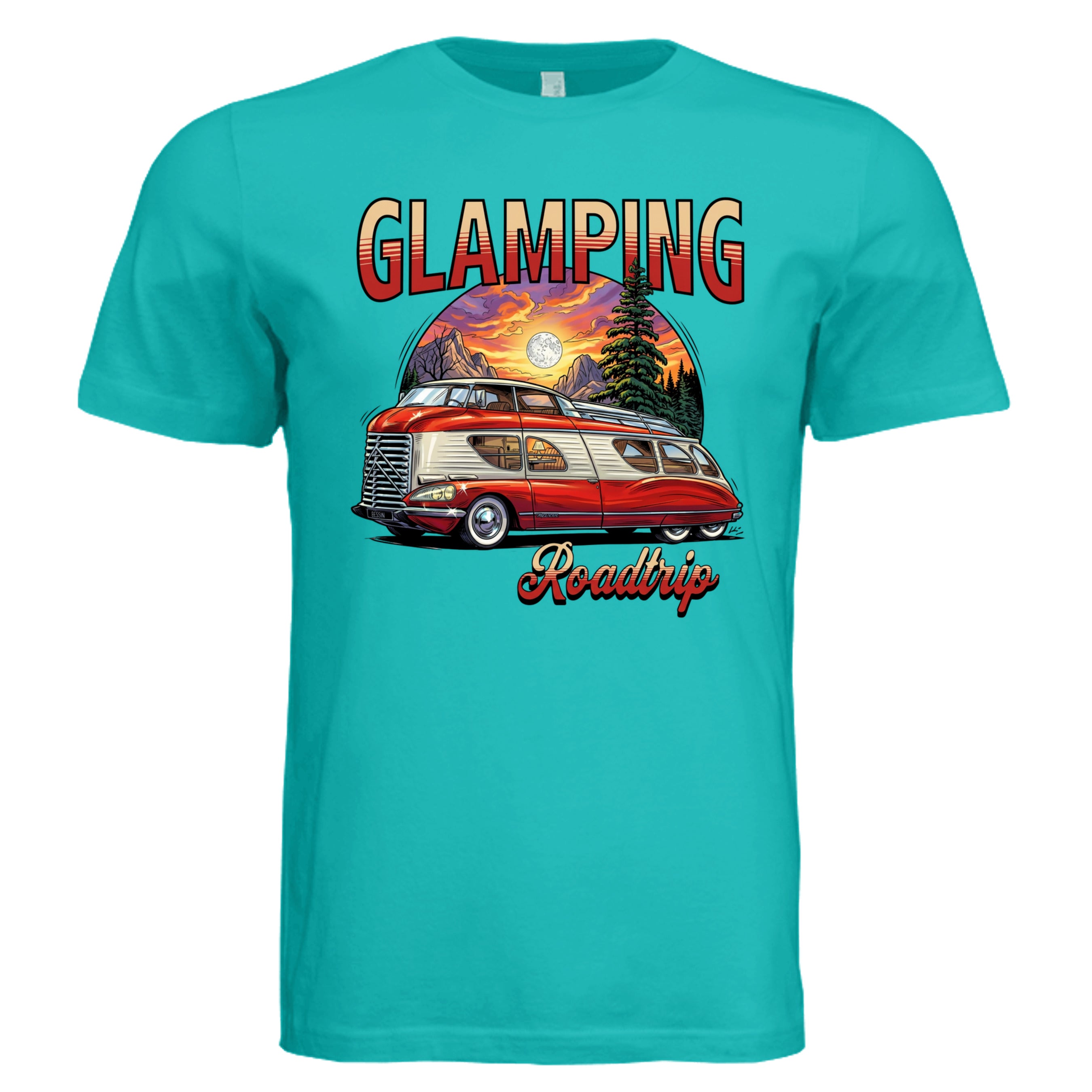 TEAL - Glamping comic camping lover graphic tee — Carz collection by Stu Borncat Creations
