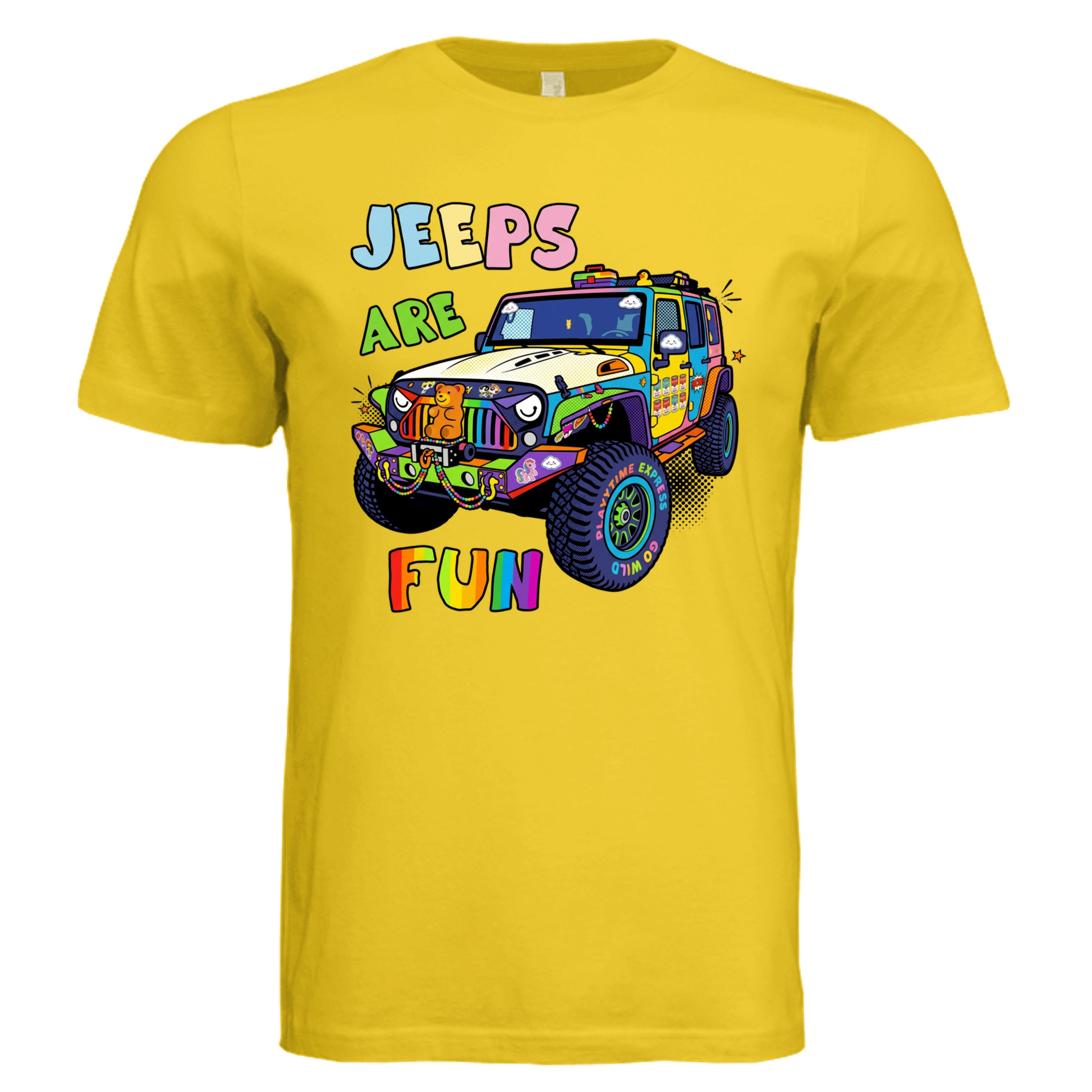 MAIZE YELLOW - Jeeps are Fun comic Jeep lover graphic tee — Carz collection by Stu Borncat Creations