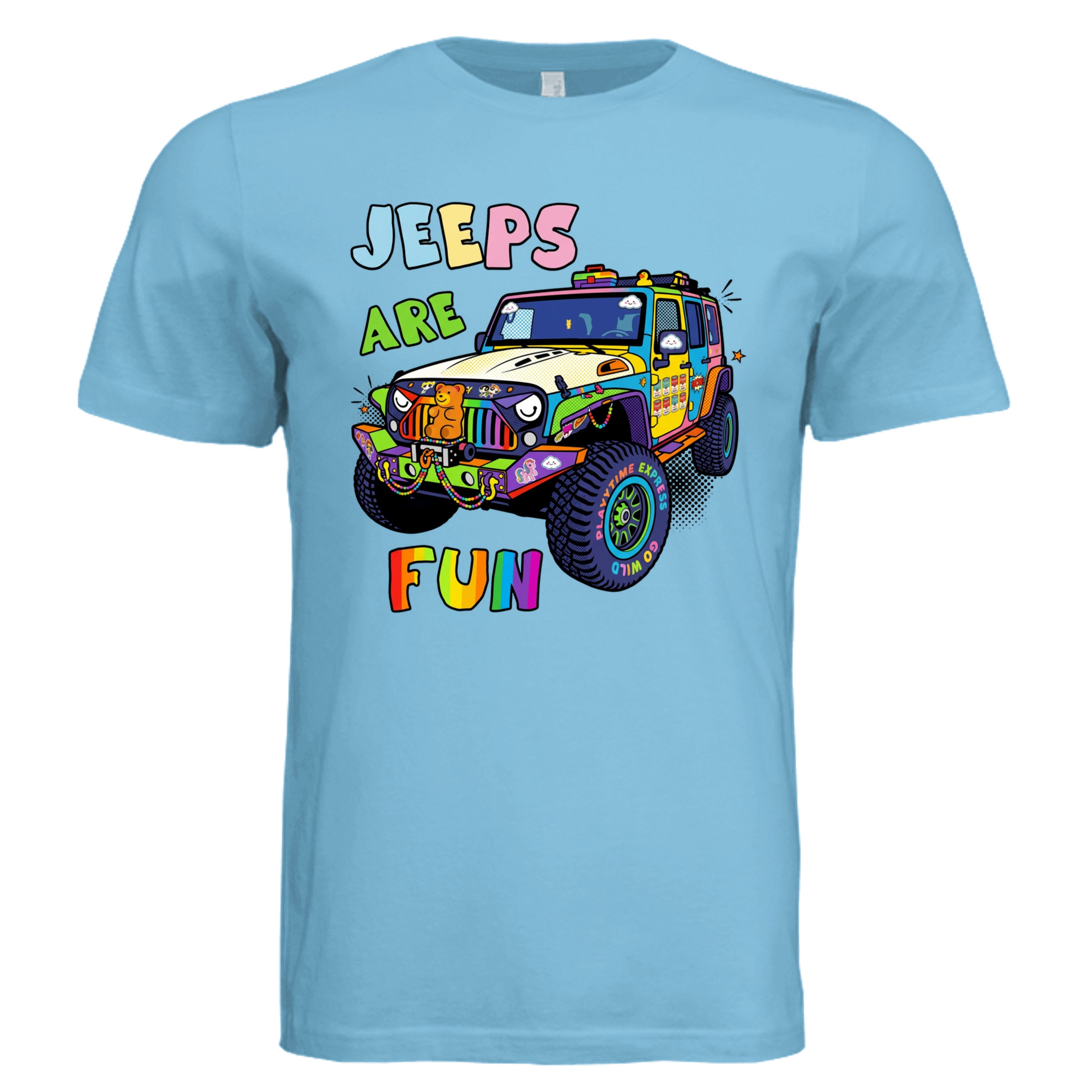 TURQUOISE -Jeeps are Fun comic Jeep lover graphic tee — Carz collection by Stu Borncat Creations