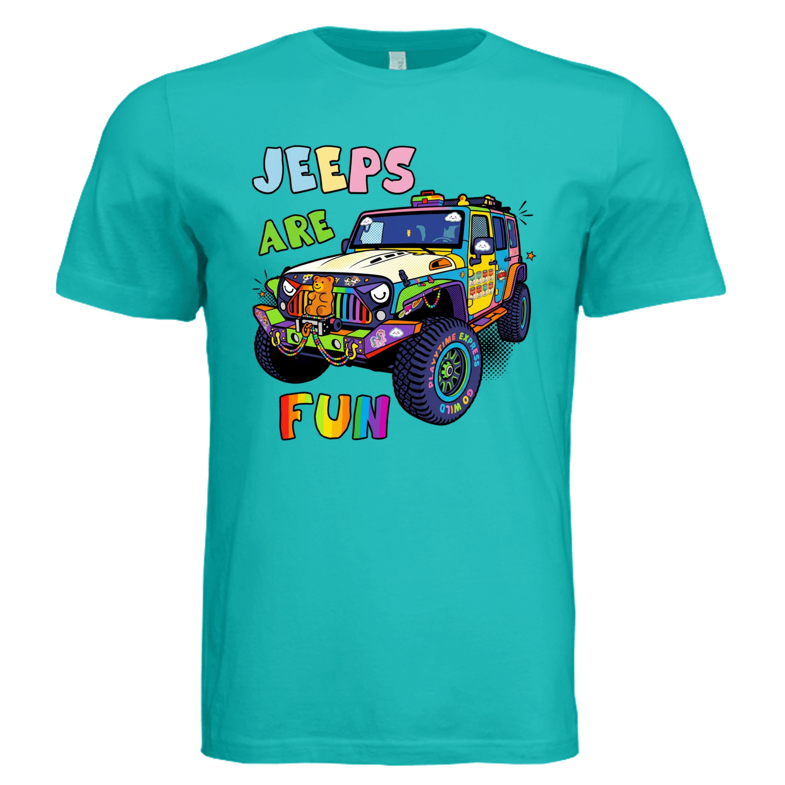 TEAL - Jeeps are Fun comic Jeep lover graphic tee — Carz collection by Stu Borncat Creations