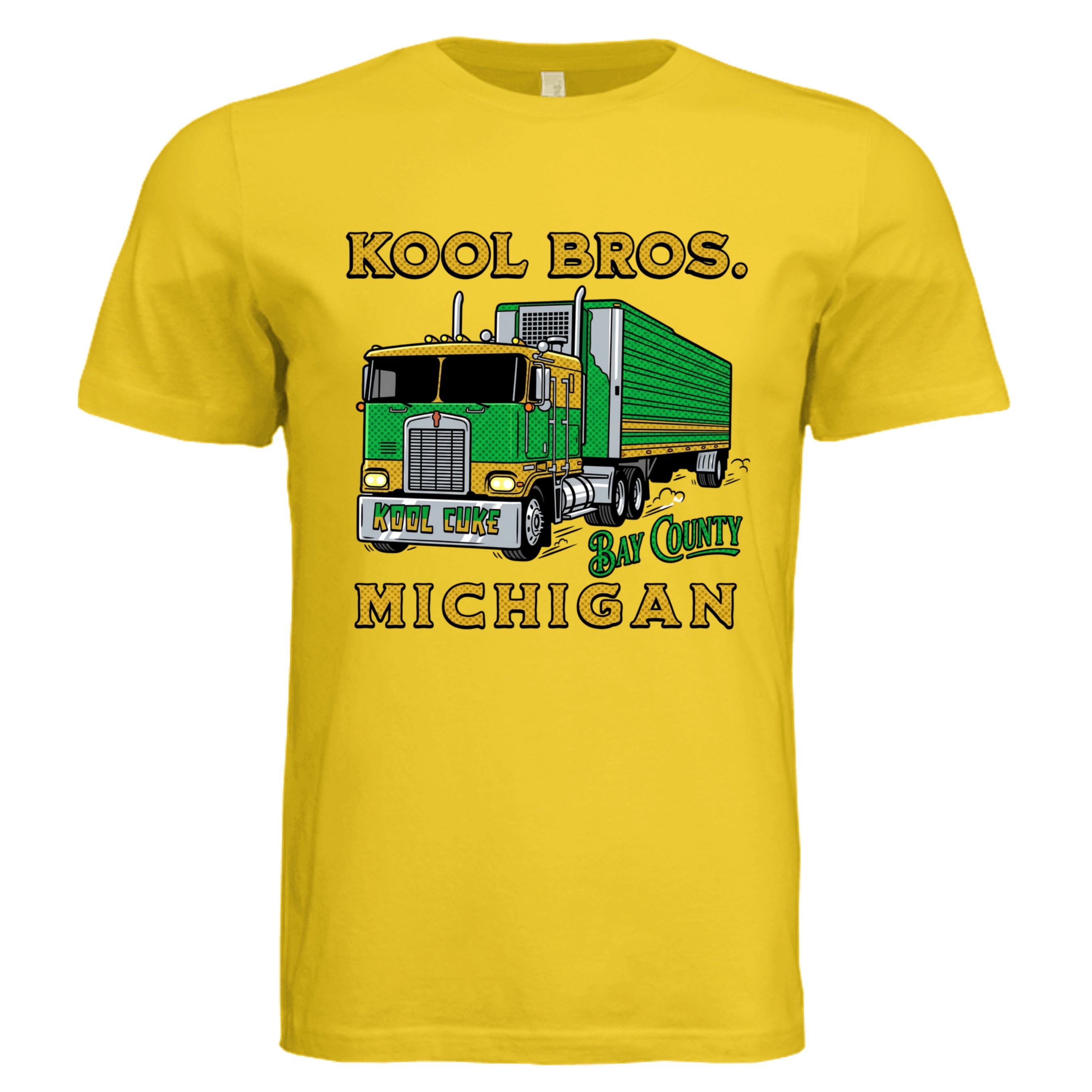 MAIZE YELLOW - Michigan Kool Brothers comic trucker graphic tee — Carz collection by Stu Borncat Creations