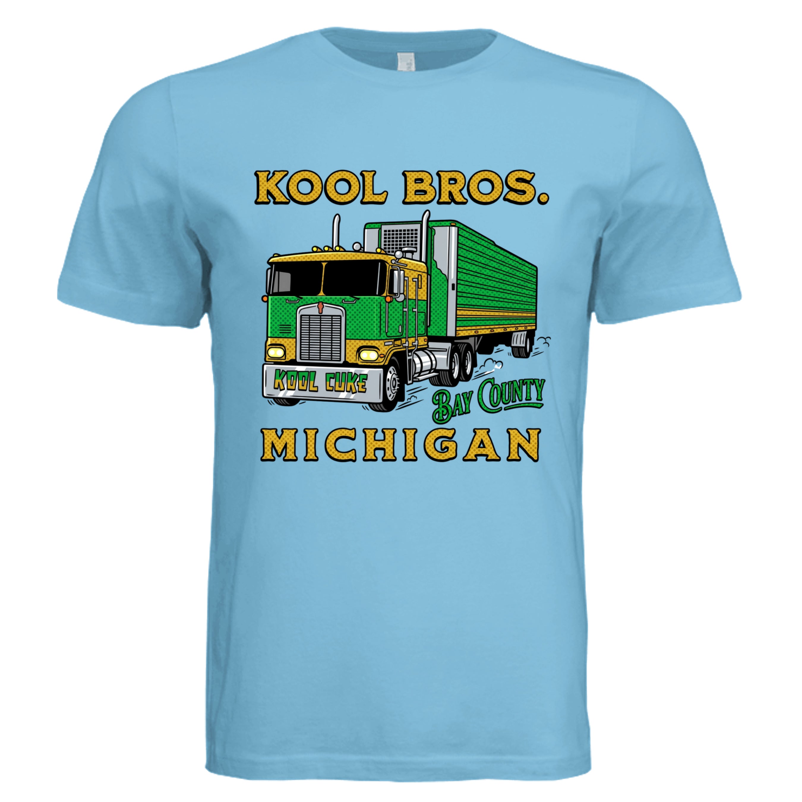 TURQUOISE - Michigan Kool Brothers comic trucker graphic tee — Carz collection by Stu Borncat Creations