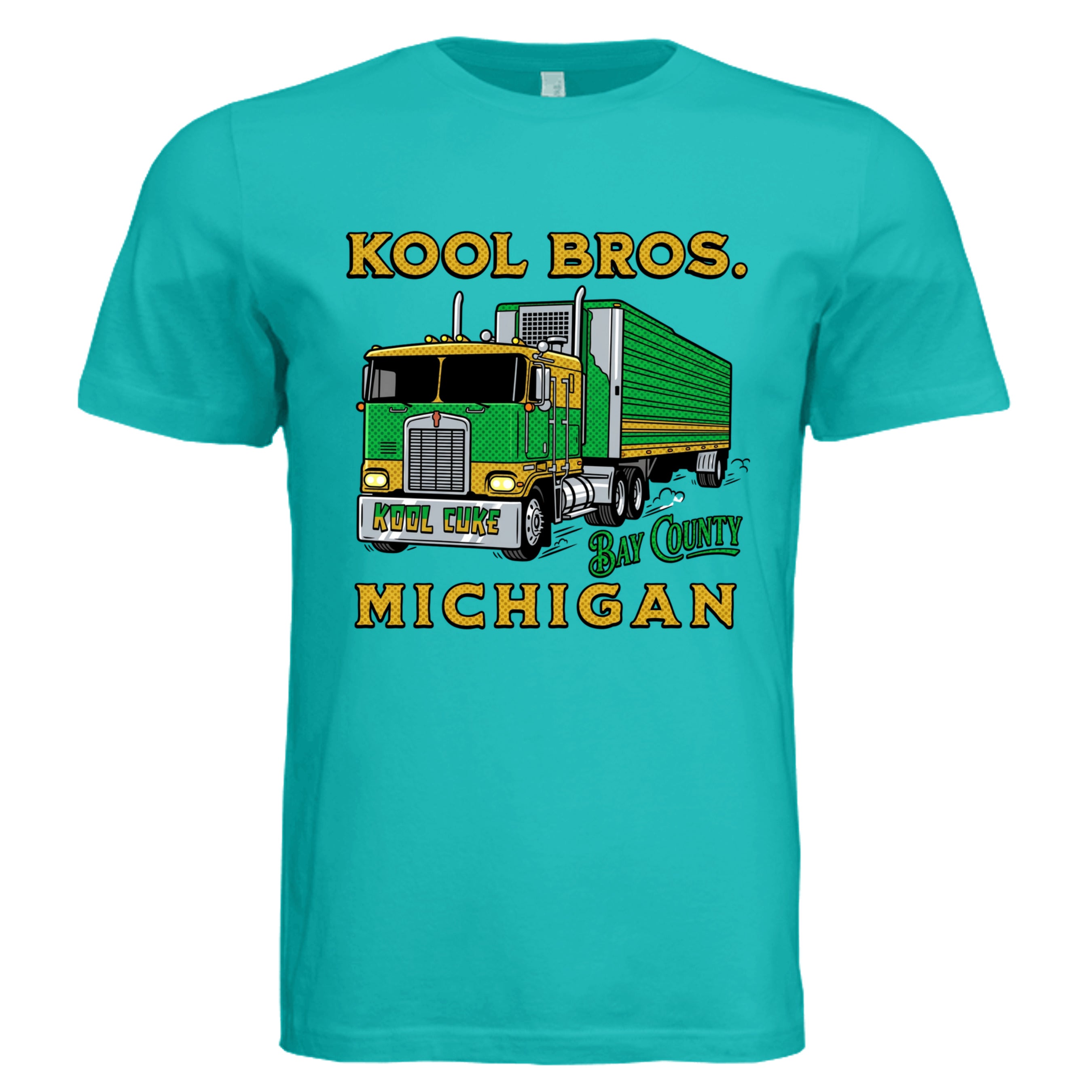 TEAL - Michigan Kool Brothers comic trucker graphic tee — Carz collection by Stu Borncat Creations