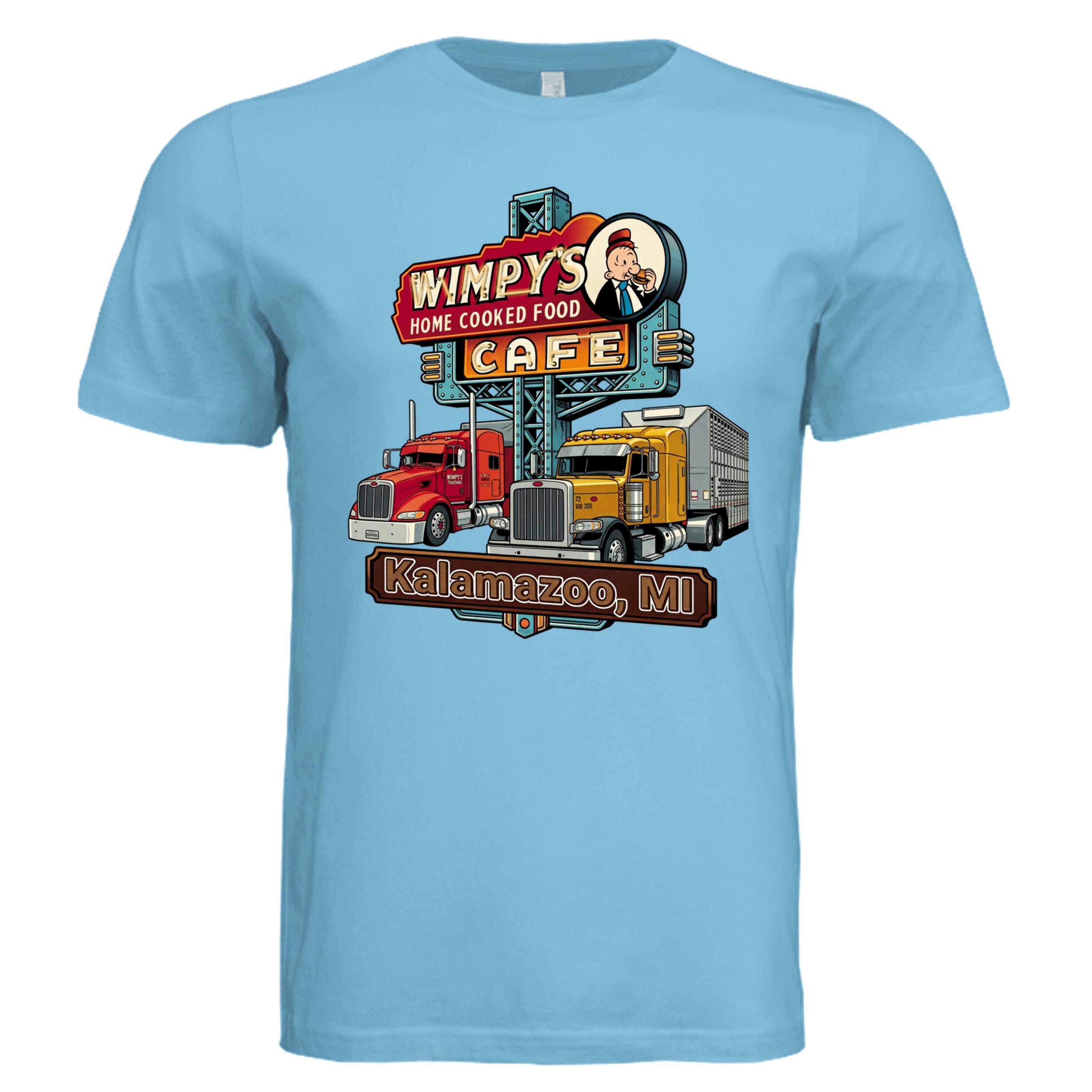 TURQUOISE -  Michigan Truck comic trucker graphic tee — Carz collection by Stu Borncat Creations