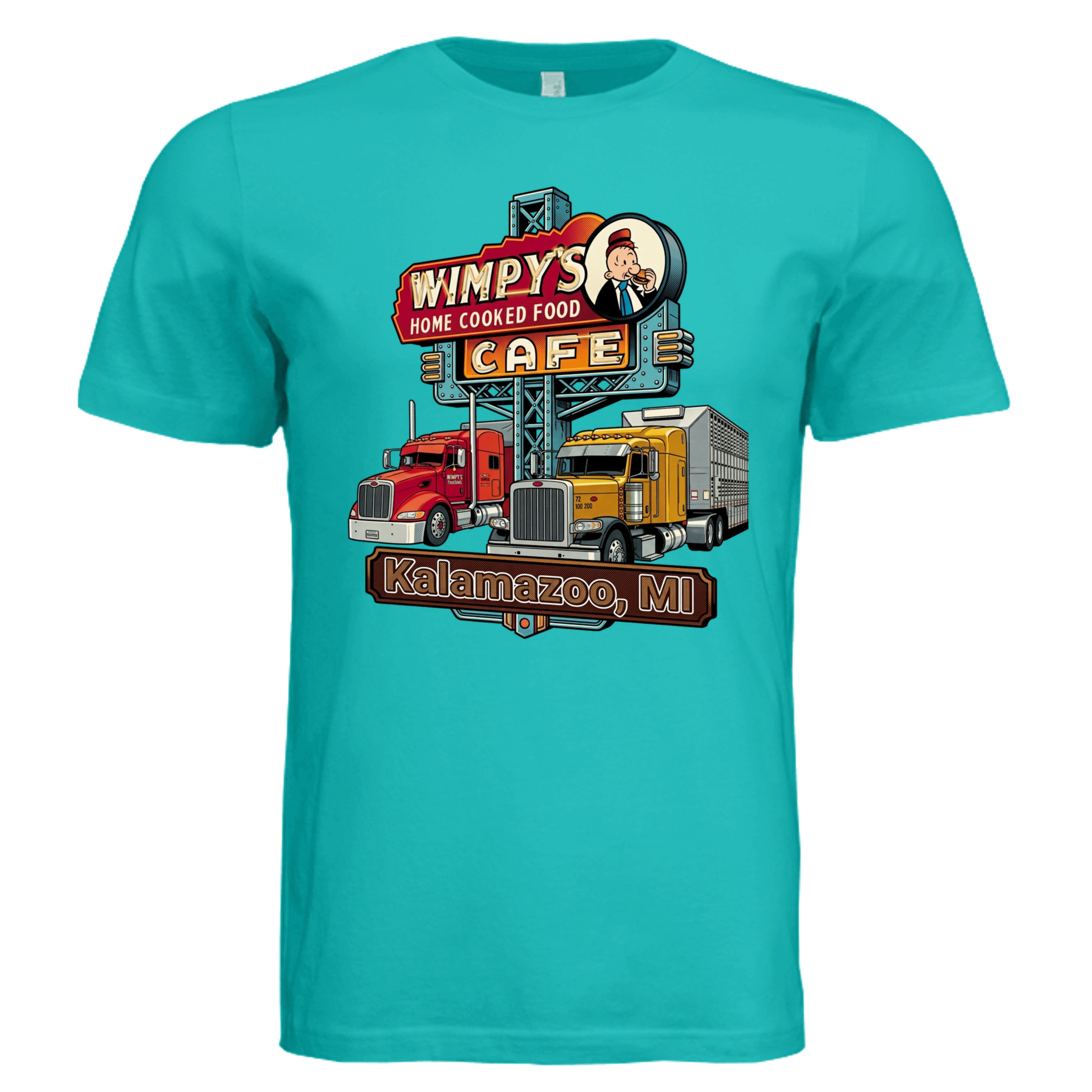 TEAL -  Michigan Truck comic trucker graphic tee — Carz collection by Stu Borncat Creations