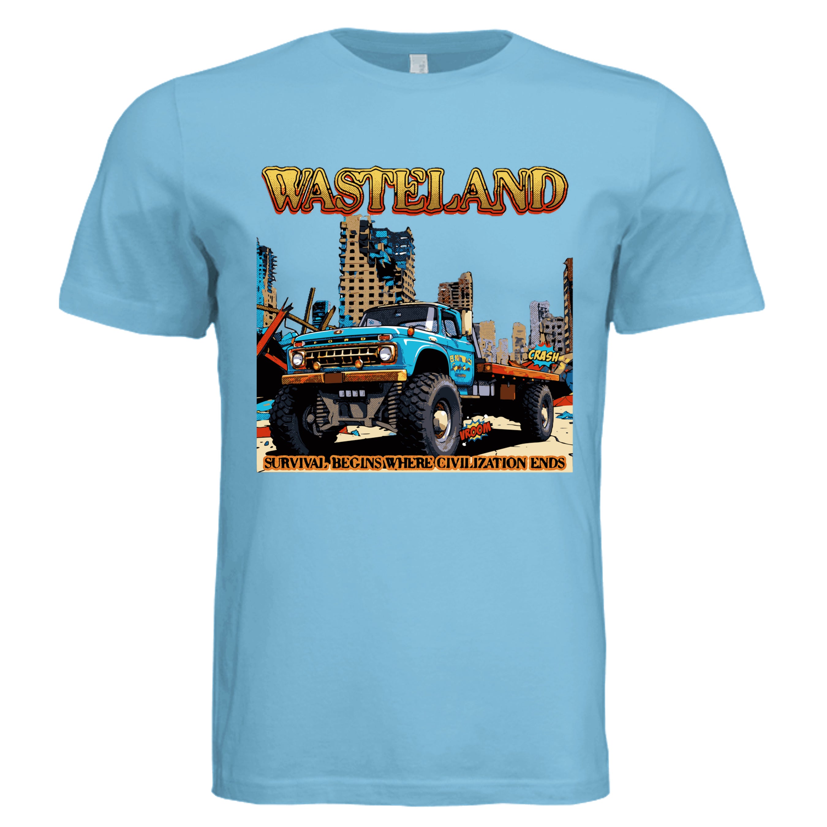 TURQUOISE - Wasteland comic trucker graphic tee — Carz collection by Stu Borncat Creations