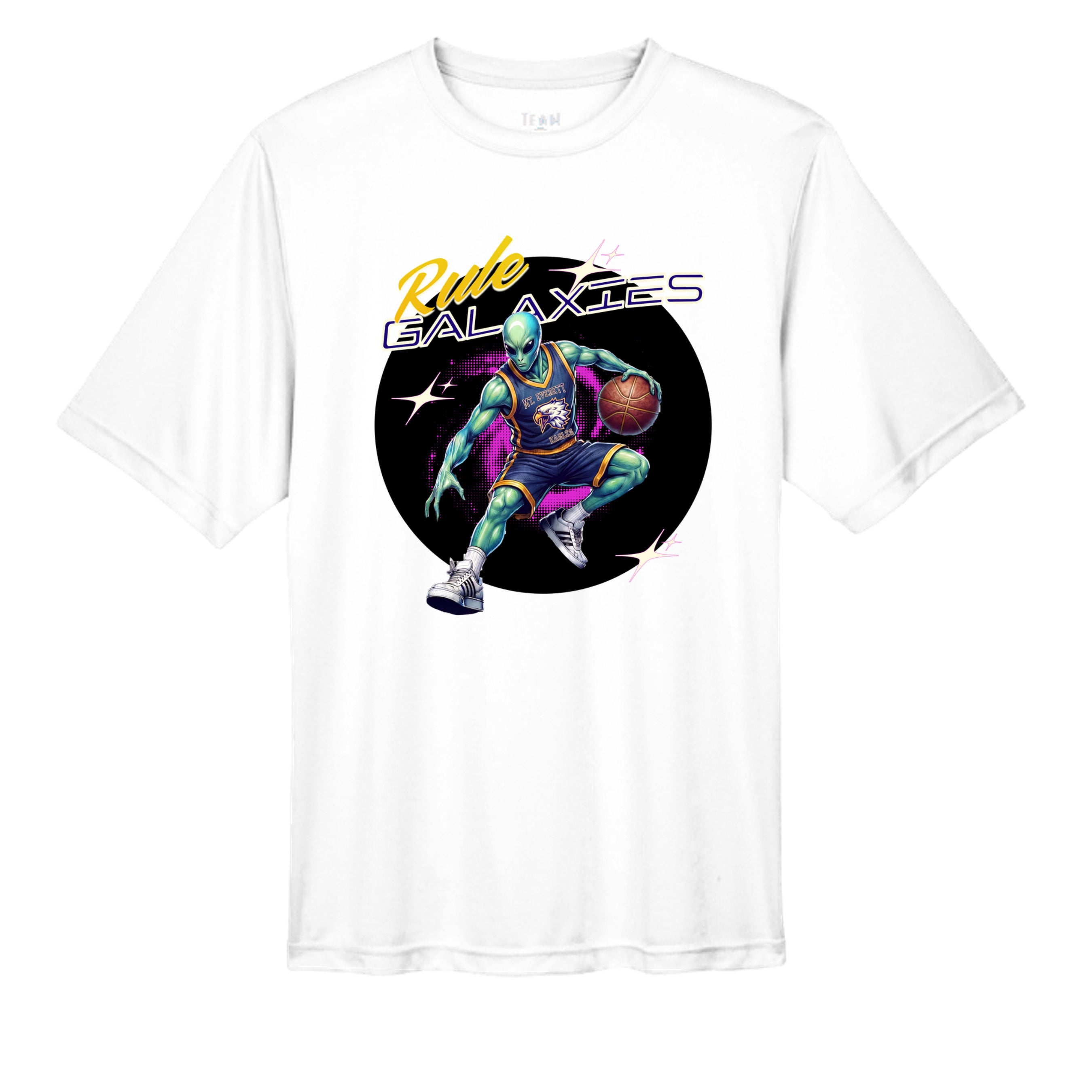 WHITE - TT11 - FRONT-Mt Everett Eagles Rule the Galaxies Alien Invasion performance adult t-shirt — school spirit apparel by Stu Borncat Creations