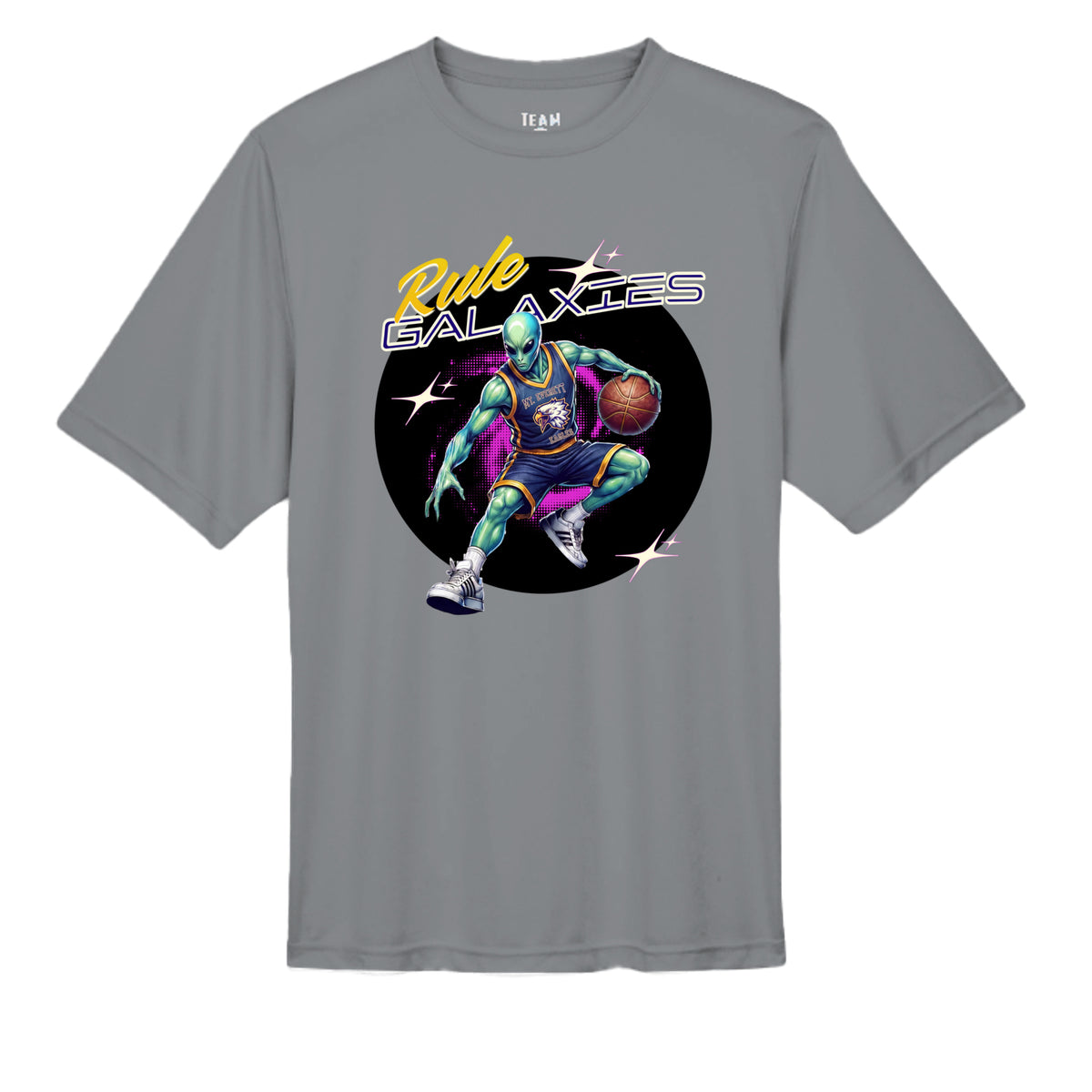 SPORT GRAPHITE - TT11 - FRONT-Mt Everett Eagles Rule the Galaxies Alien Invasion performance adult t-shirt — school spirit apparel by Stu Borncat Creations