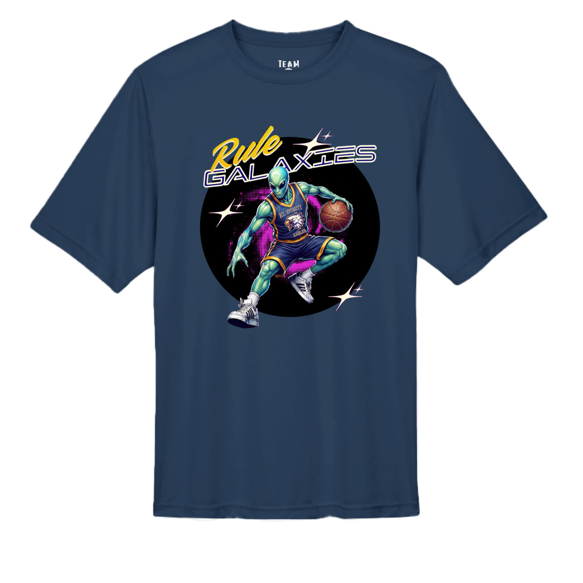 SPORT DARK NAVY - TT11 - FRONT-Mt Everett Eagles Rule the Galaxies Alien Invasion performance adult t-shirt  — school spirit apparel by Stu Borncat Creations