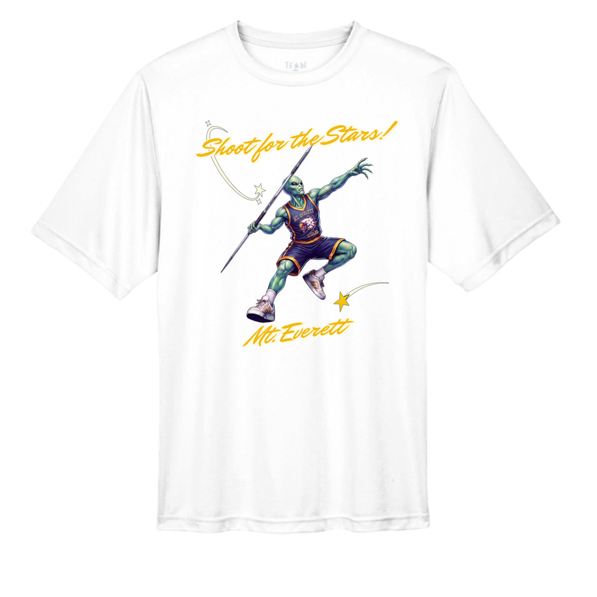 WHITE - TT11 - FRONT-Mt Everett Eagles Shoot for the Stars Alien Invasion performance adult t-shirt — school spirit apparel by Stu Borncat Creations