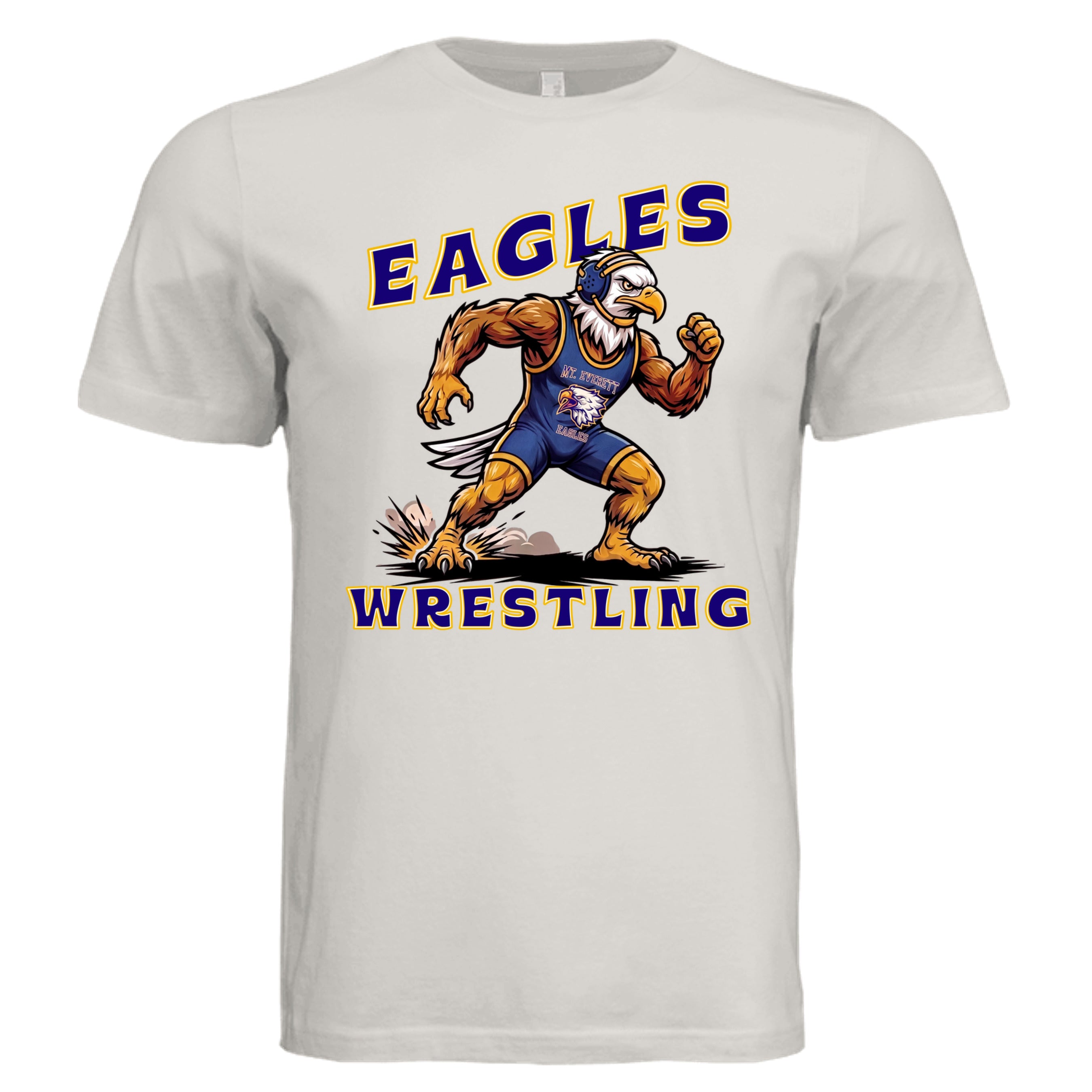 Vintage White - 3001C - FRONT-Mt Everett Eagles Wrestling adult graphic t-shirt  — school spirit apparel by Stu Borncat Creations