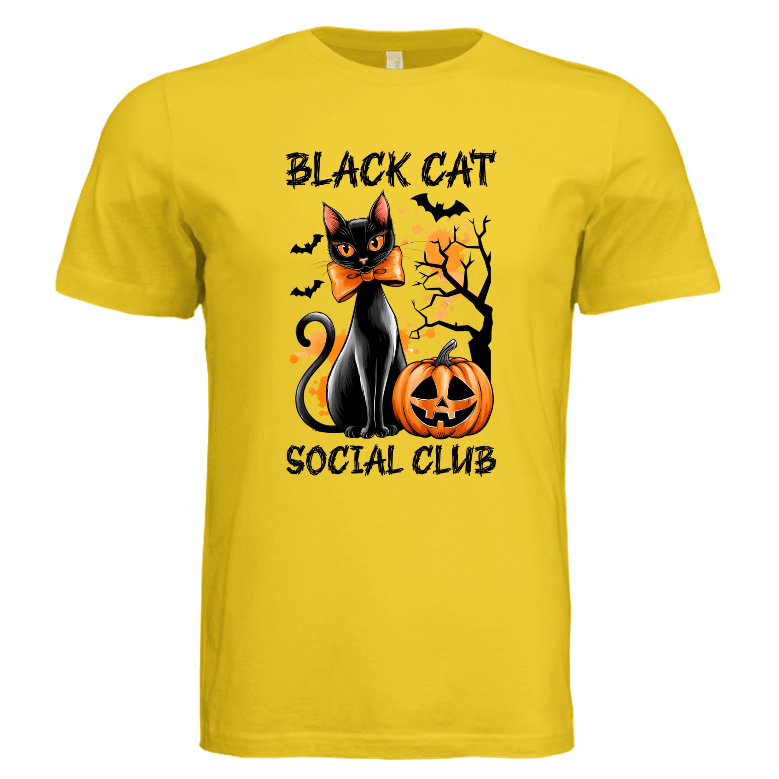 MAIZE YELLOW - 3001C - FRONT- Black Cat Social Club Halloween cat graphic tee — spooky season DTF print by Stu Borncat Creations
