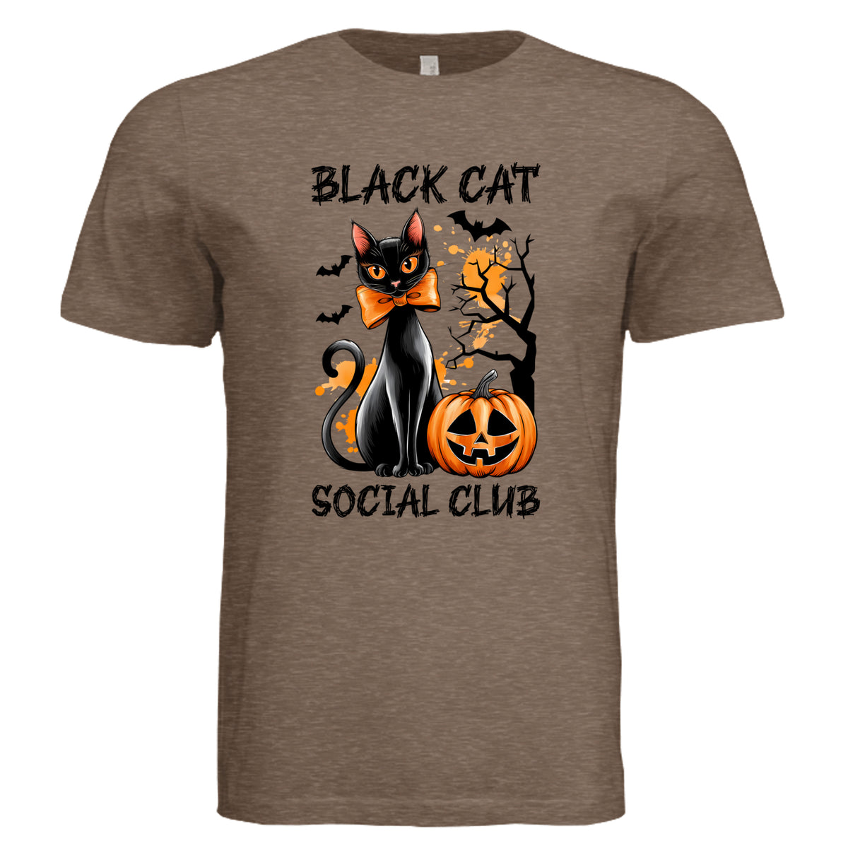 Vintage Brown - 3001C - FRONT- Black Cat Social Club Halloween cat graphic tee — spooky season DTF print by Stu Borncat Creations