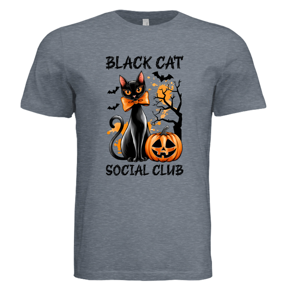 Vintage Denim - 3001C - FRONT Black Cat Social Club Halloween cat graphic tee — spooky season DTF print by Stu Borncat Creations-
