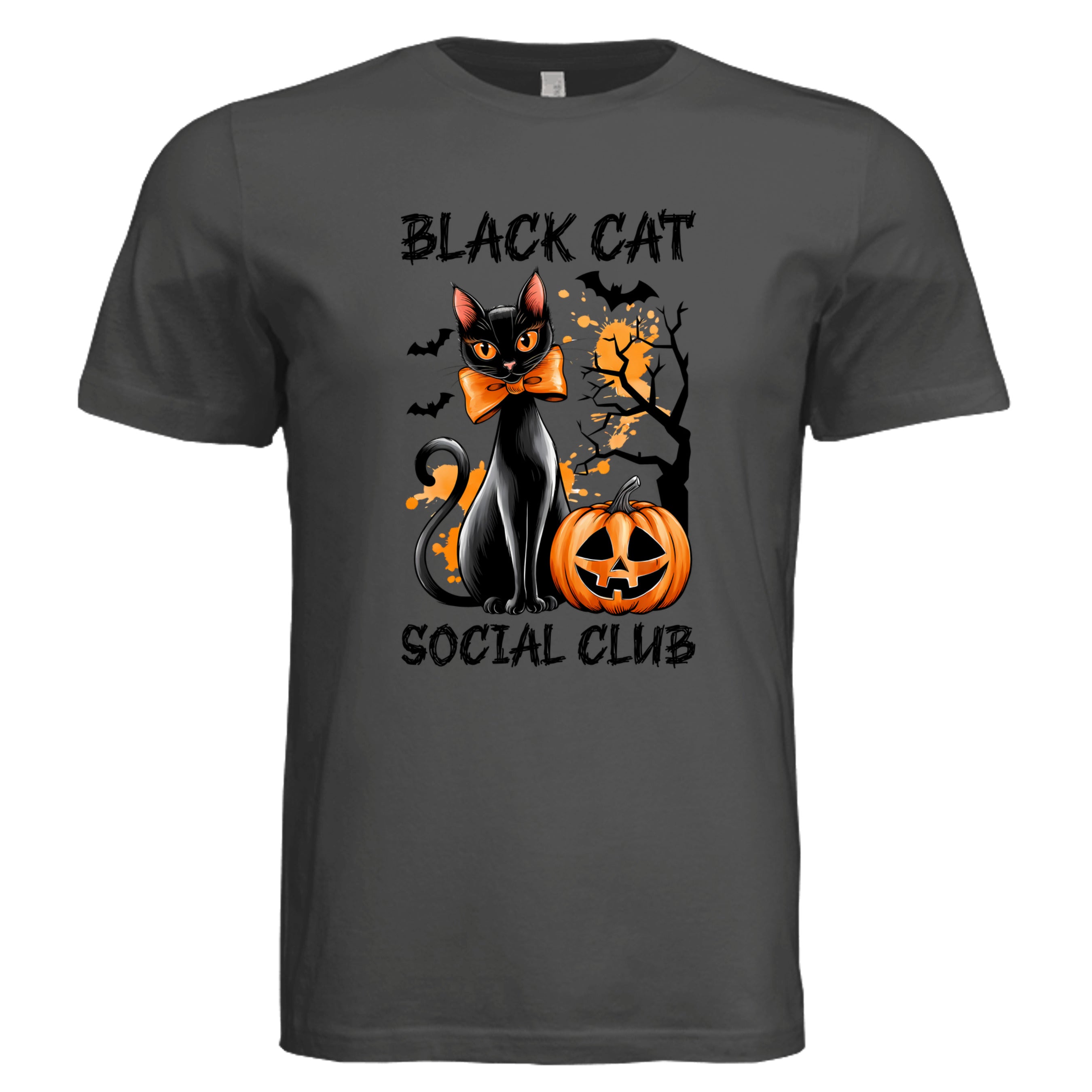 DARK GREY - 3001C - FRONT- Black Cat Social Club Halloween cat graphic tee — spooky season DTF print by Stu Borncat Creations