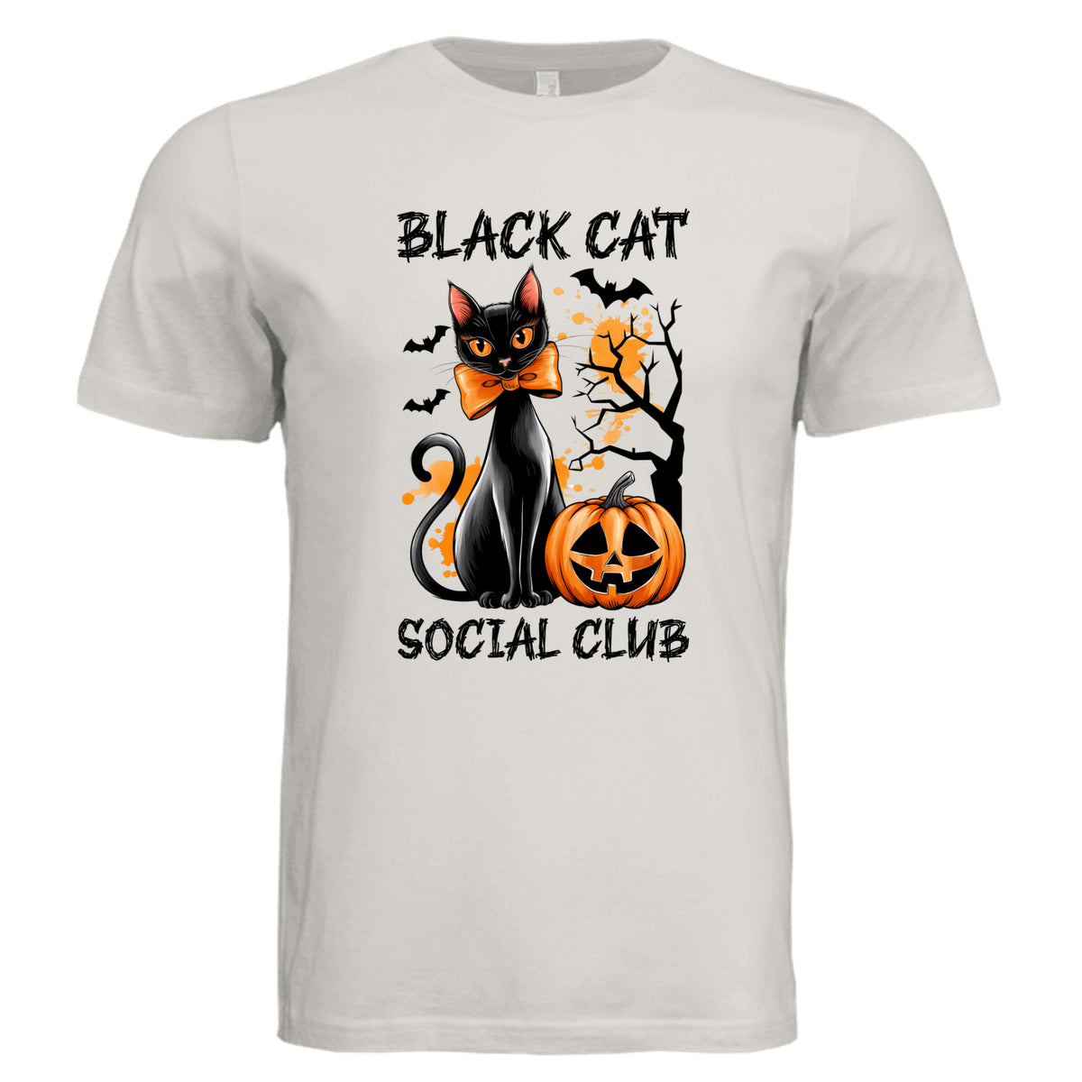 Vintage White - 3001C - FRONT- Black Cat Social Club Halloween cat graphic tee — spooky season DTF print by Stu Borncat Creations
