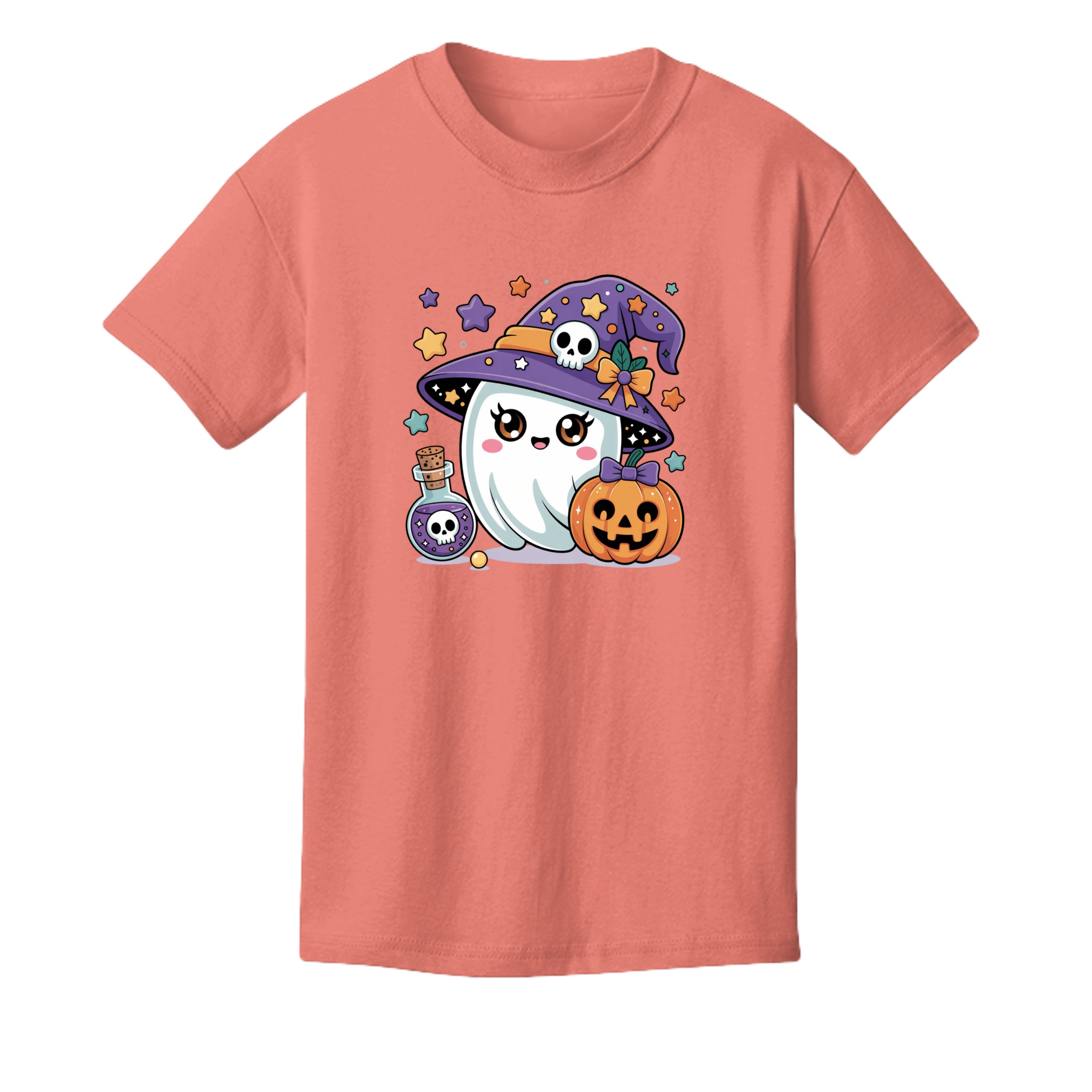 Peach - 3001Y - FRONT-Baby Ghost cute Halloween kids graphic tee — spooky season DTF print by Stu Borncat Creations