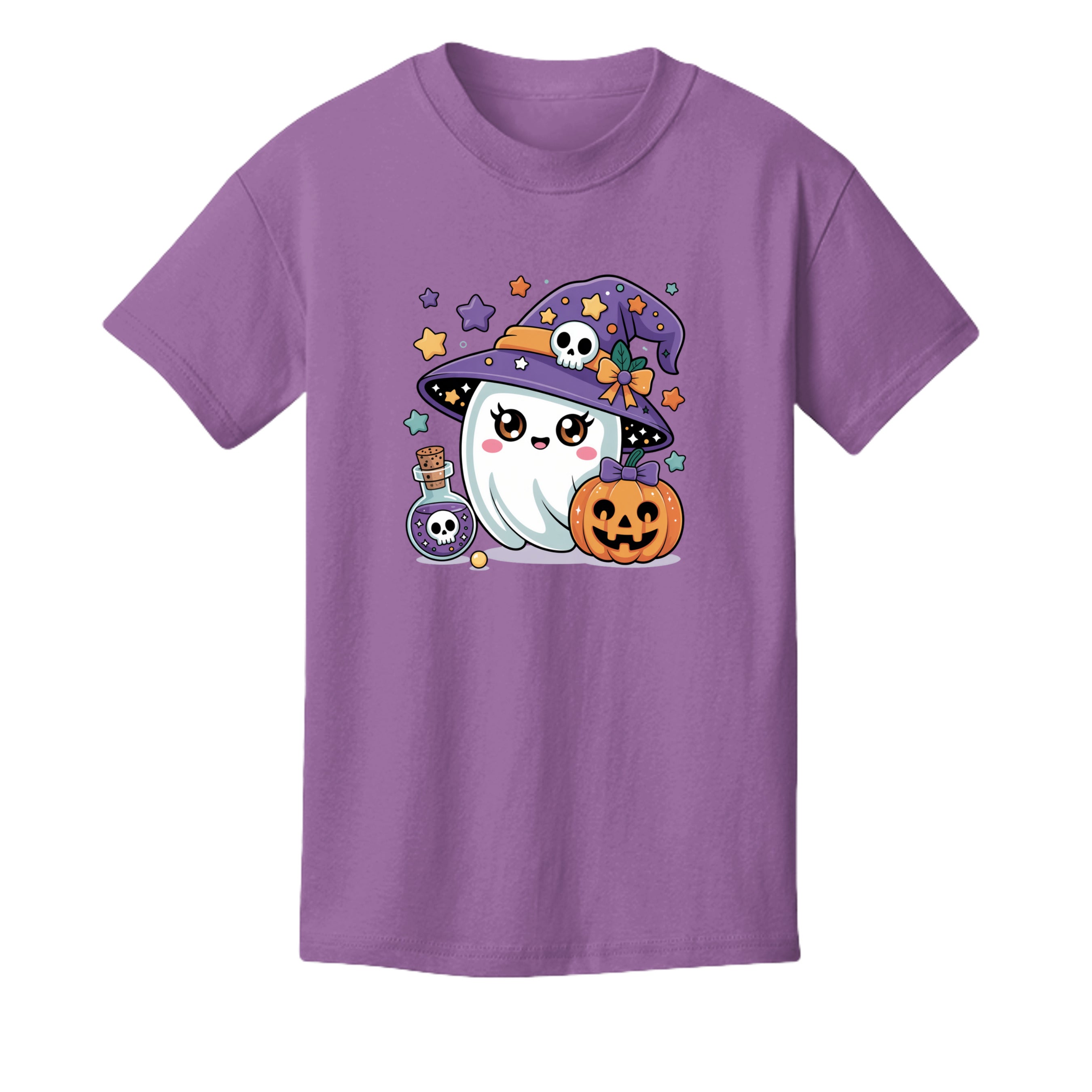 Dark Lavender - 3001Y - FRONT-Baby Ghost cute Halloween kids graphic tee — spooky season DTF print by Stu Borncat Creations